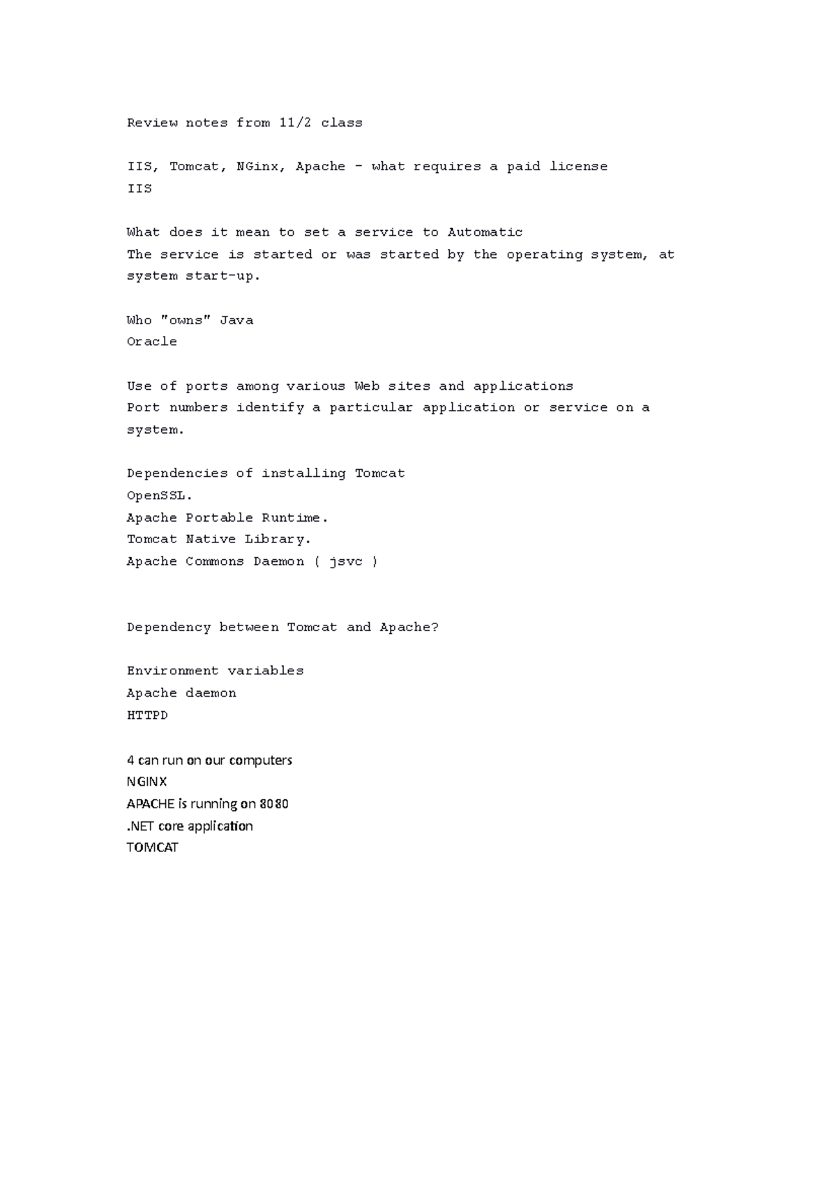 Review notes from 11 9 - Review notes from 11/2 class IIS, Tomcat ...