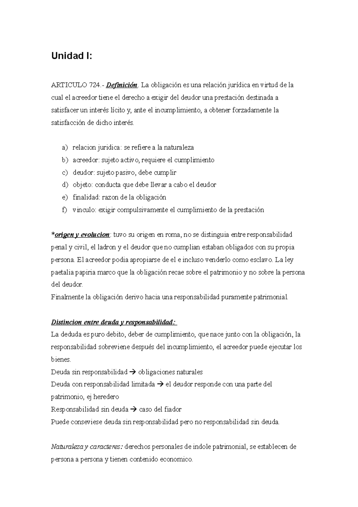 Unidad I - Resumen Manual de obligaciones - Unidad I: ARTICULO La es ...