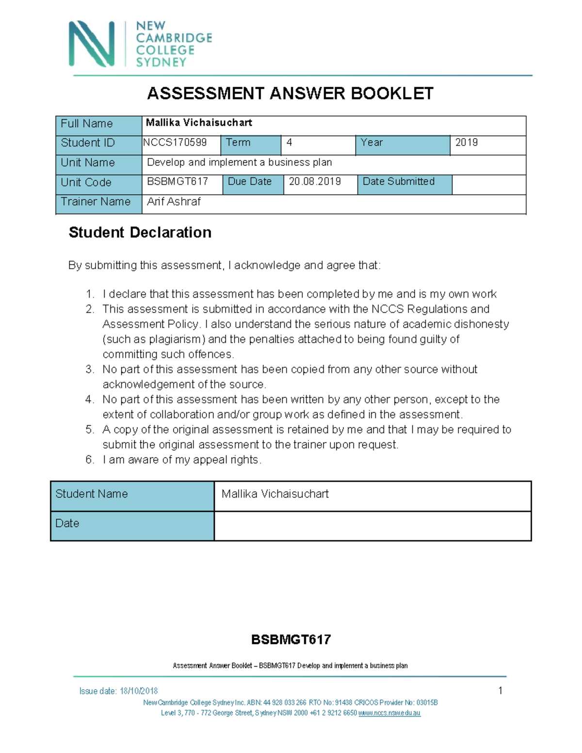 Task 4 Assessment Answer Booklet - Bsbmgt 617 - ASSESSMENT ANSWER ...