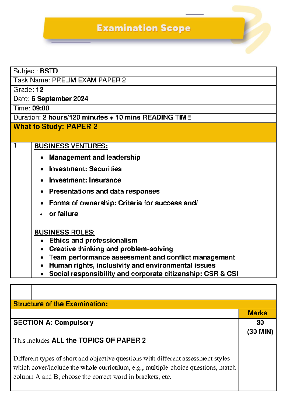 BSTD Paper 2 EXAM Scope Prelim - Subject: BSTD Task Name: PRELIM EXAM ...