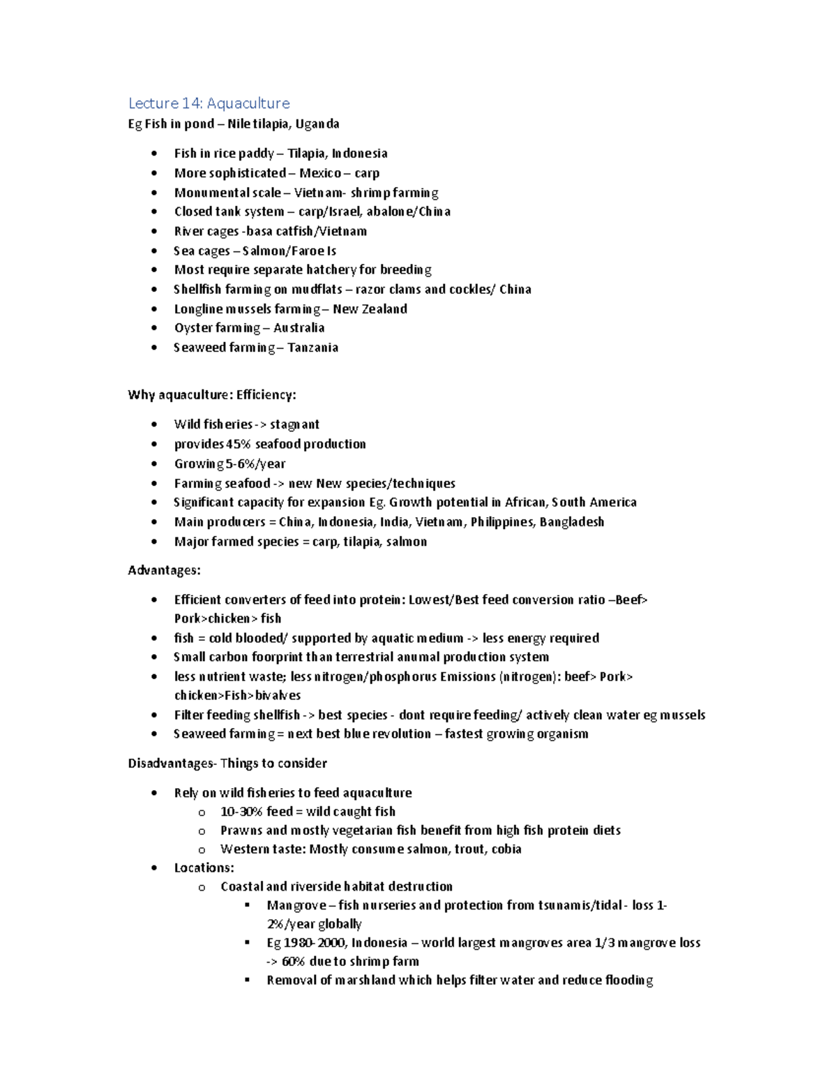 Unib2001 4 - Lec 14 Exam Styled Notes On Aquaculture - Lecture 14 