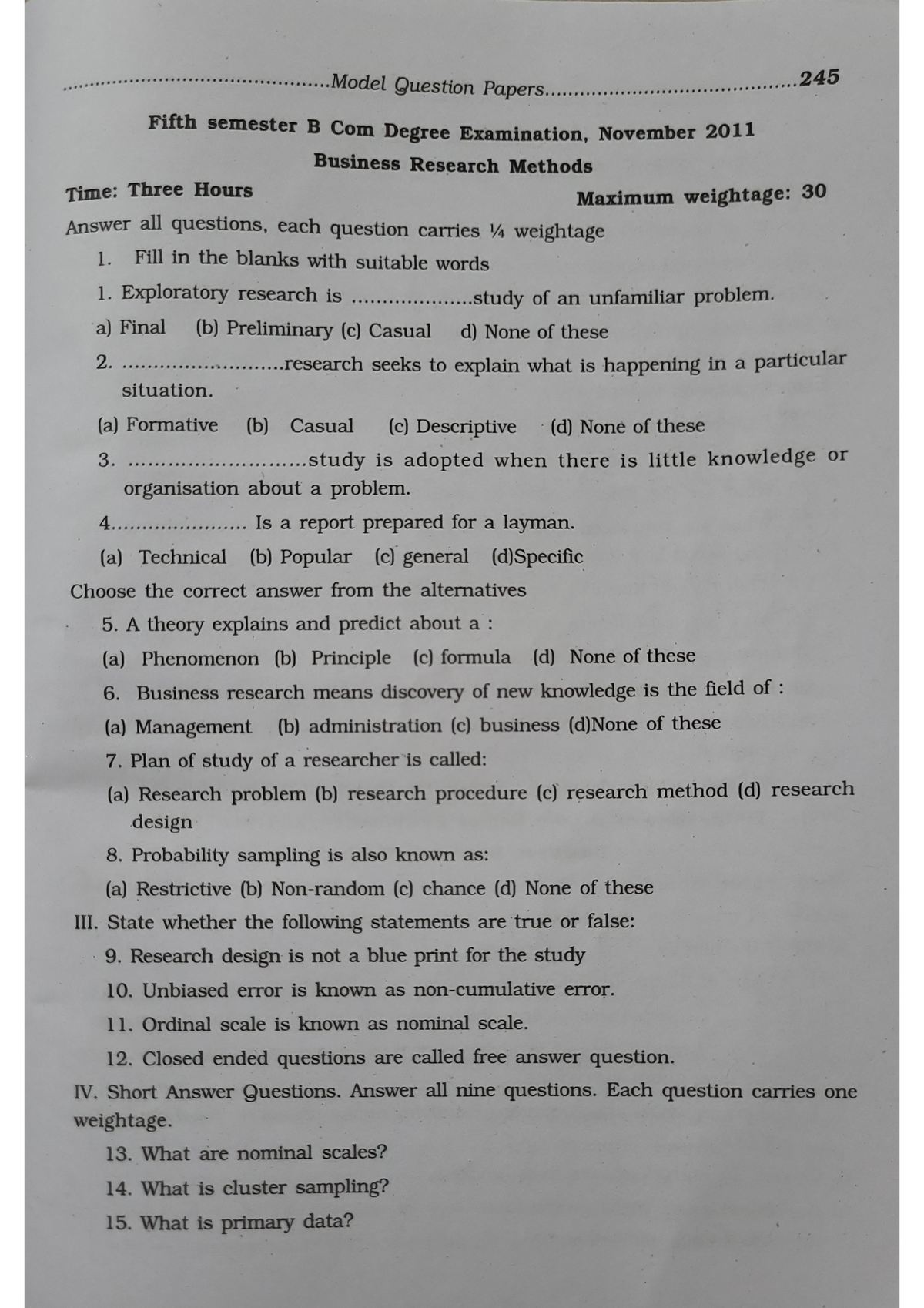 business research methods model question paper