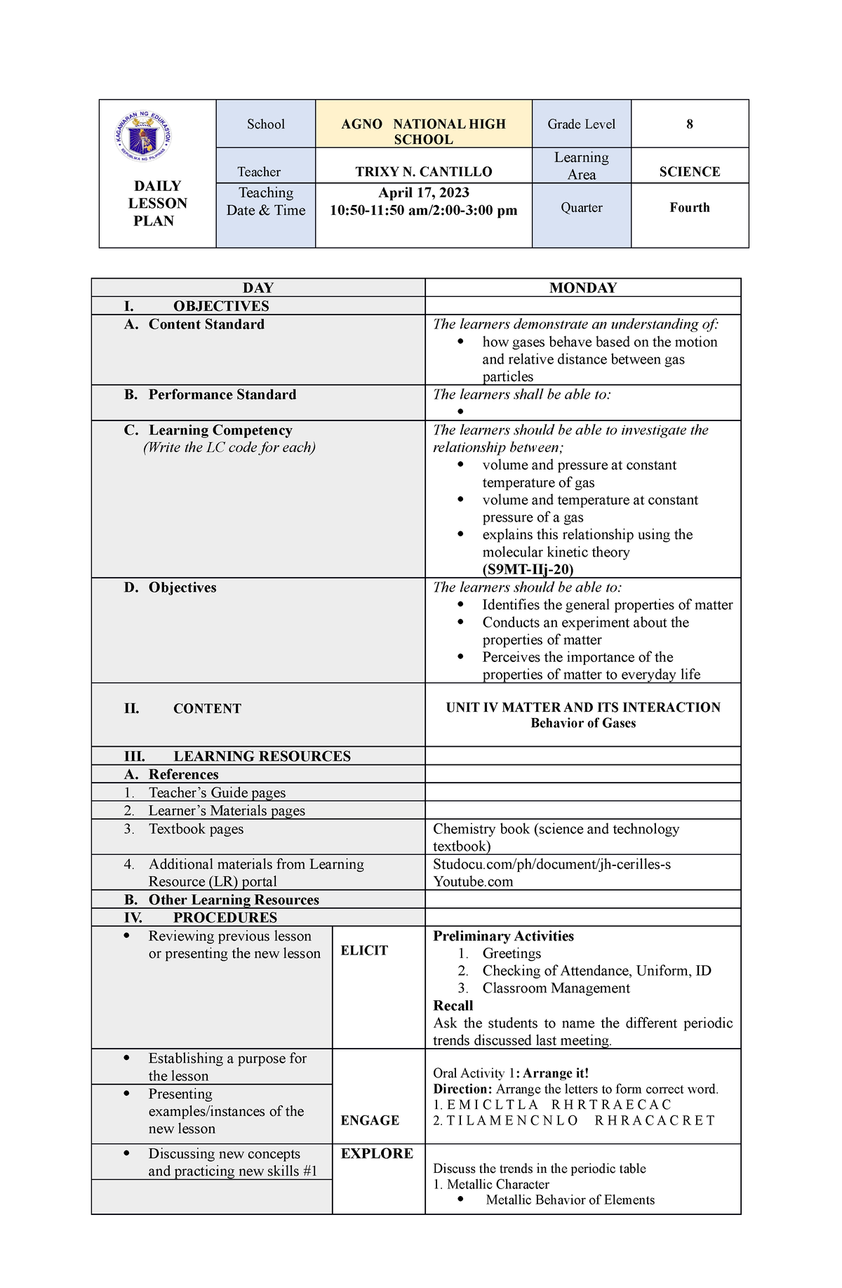 General Properties of gases - DAILY LESSON PLAN School AGNO NATIONAL ...