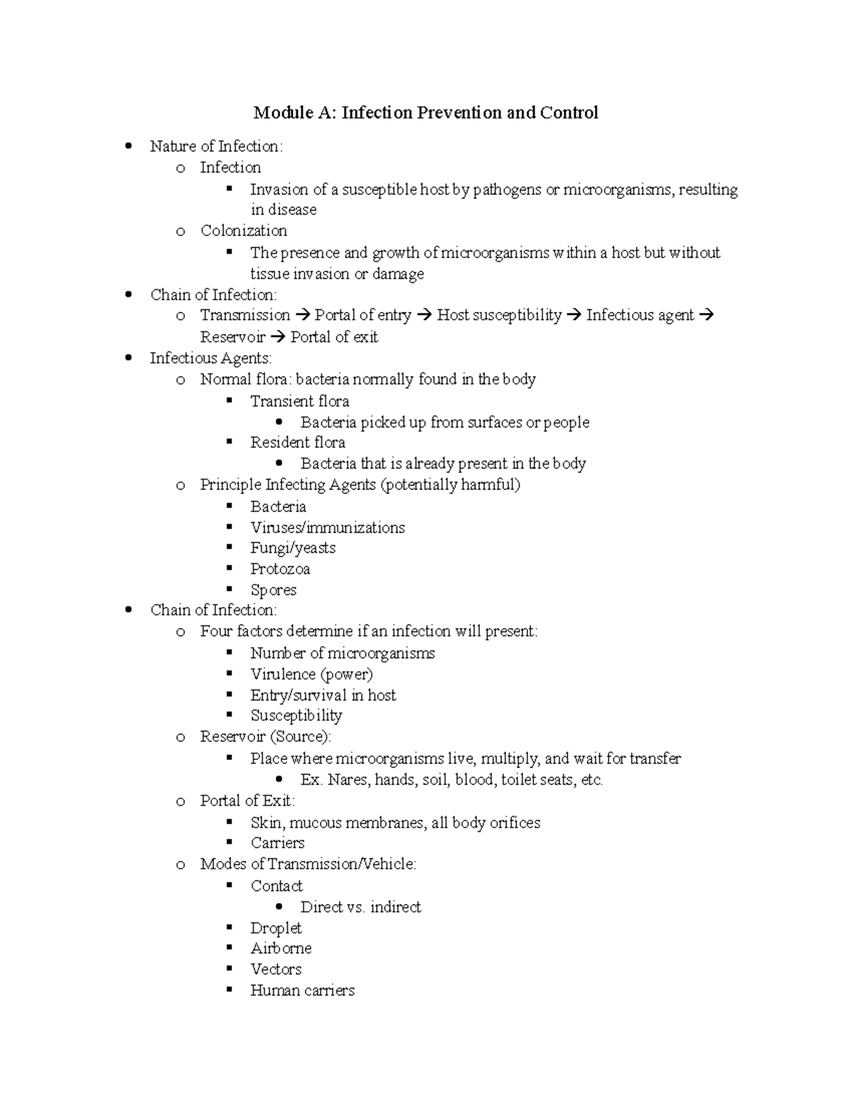 Module A Infection Control Module A Infection Prevention and Control