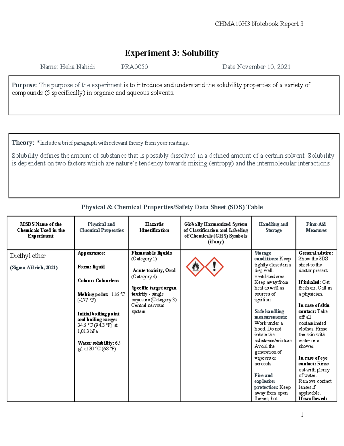 Experiment 3 Notebook Report Experiment 3 Solubility Name Helia