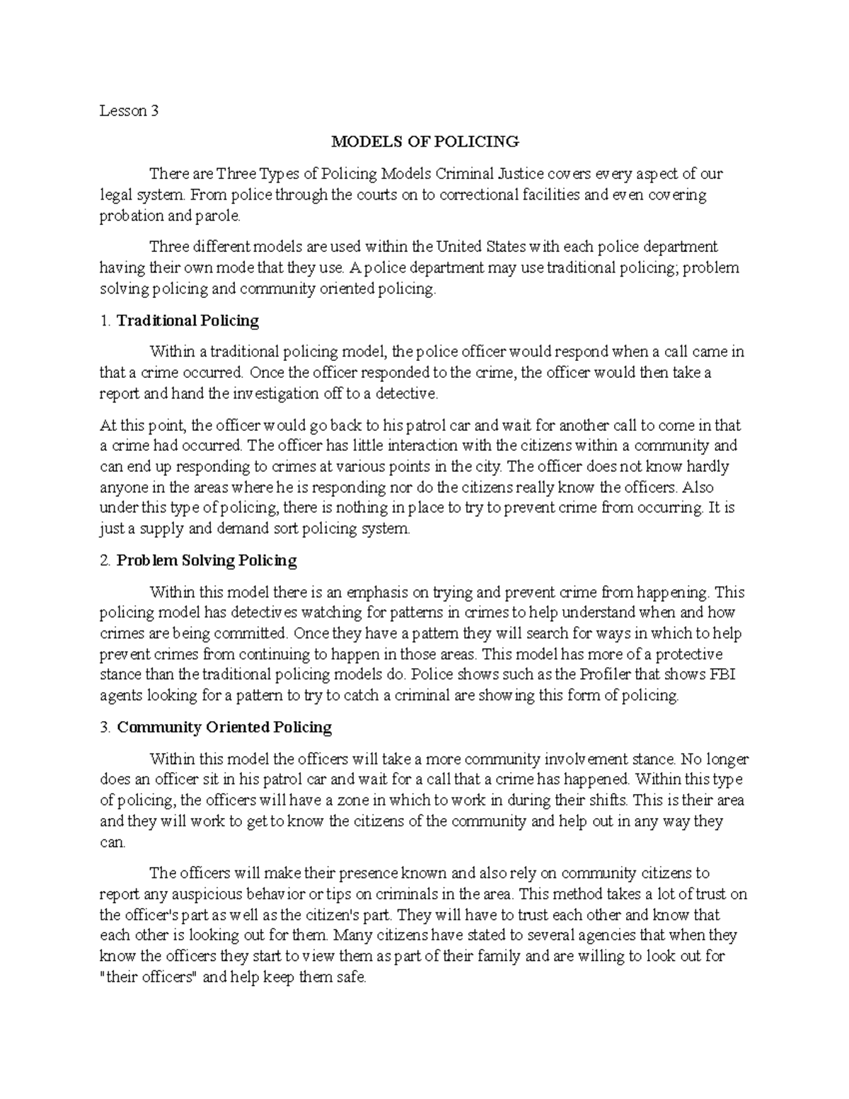 Lesson 3.docx Models OF Policing Lesson 3 MODELS OF POLICING There