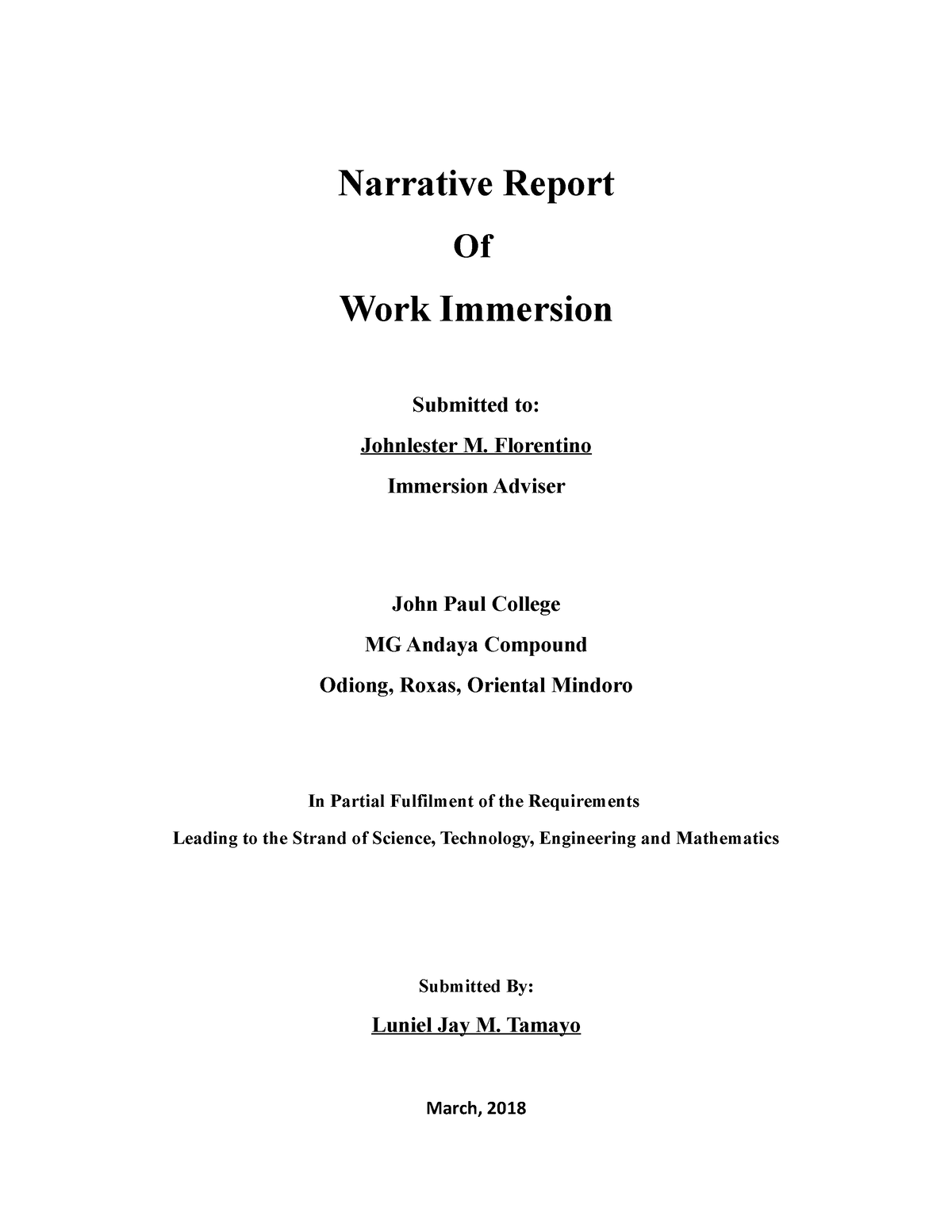 Narrative Report Of Work Immersion Narrative Report Of Work Immersion Submitted To Studocu