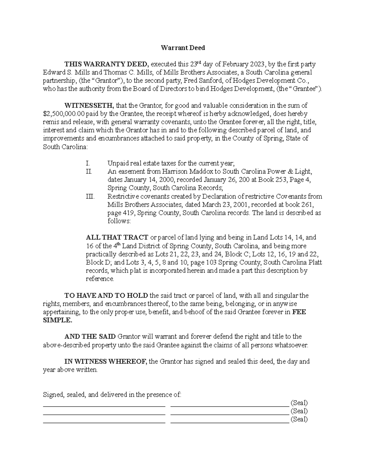 Genneral Warranty Deed Warrant Deed THIS WARRANTY DEED, executed this