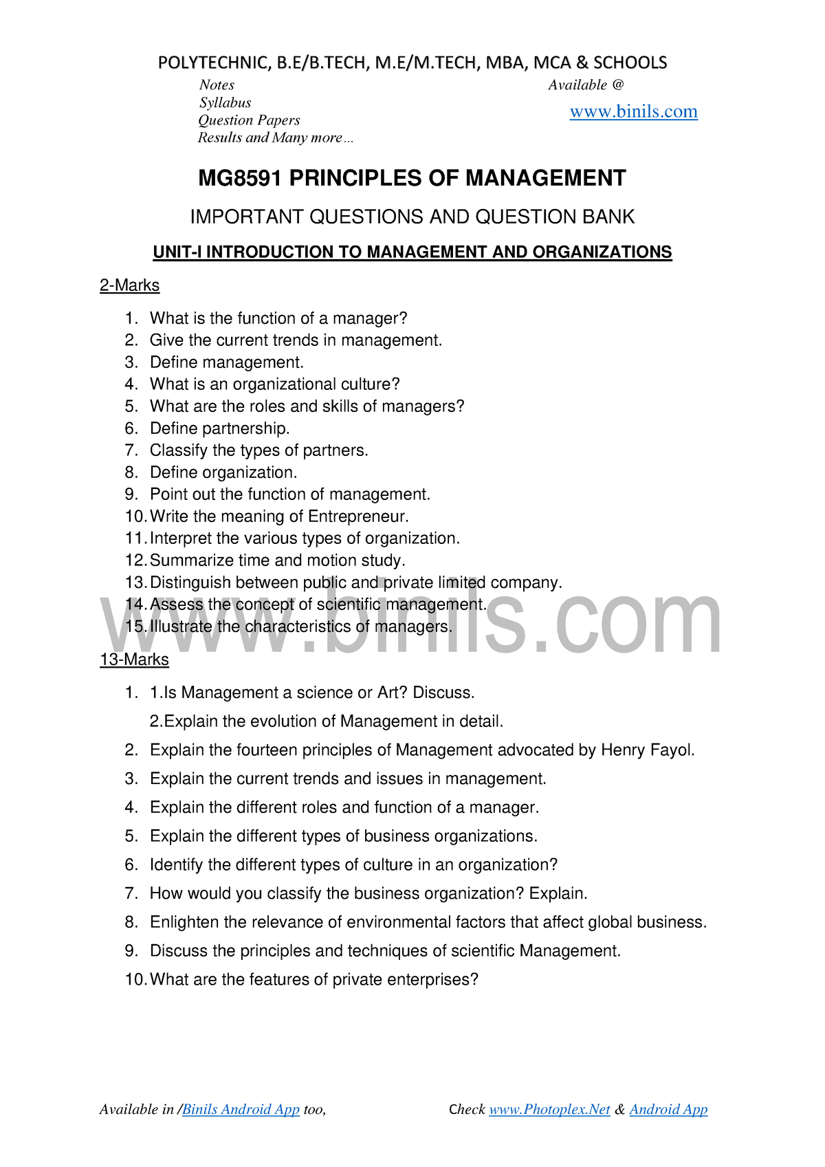 MG8591 Principles OF Management Reg 2017 Question Bank - Binils Notes ...