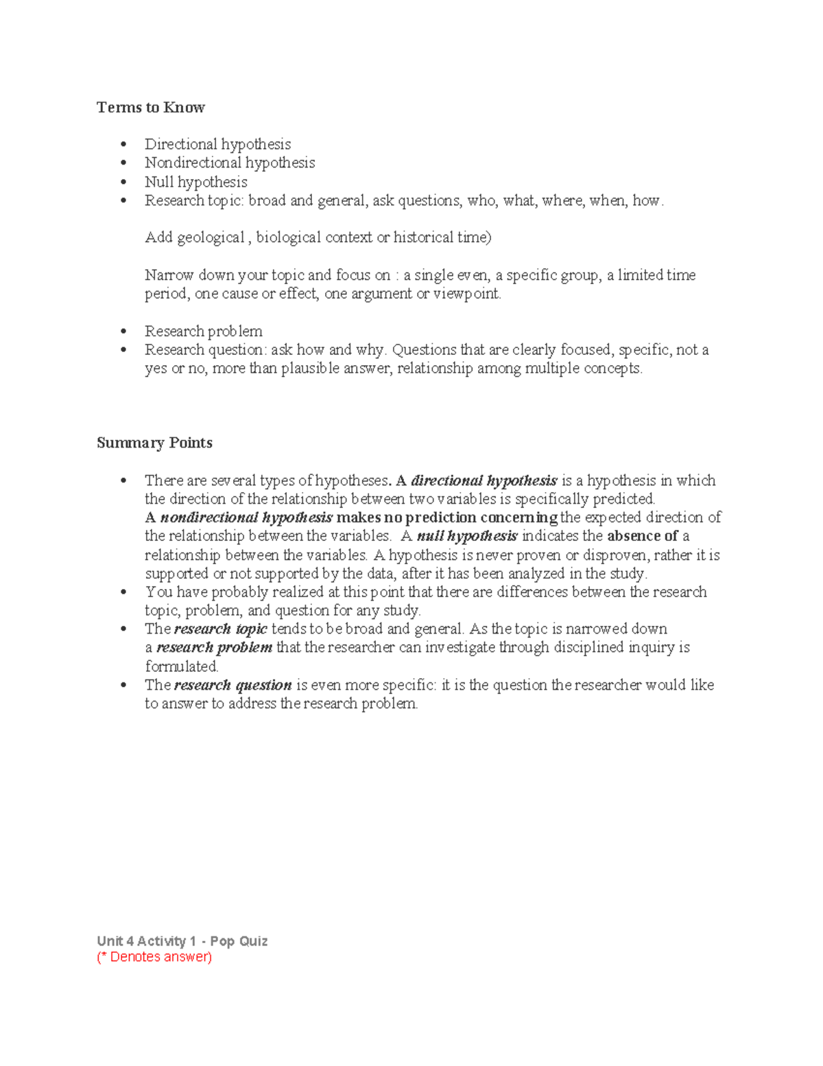 Unit 5 - Summary Understanding Research - Terms To Know Directional 