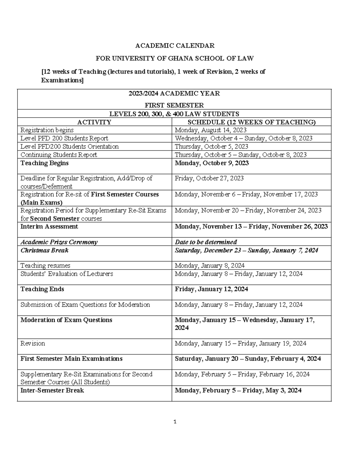 UGSo L Academic Calendar, 2023. 20241 ACADEMIC CALENDAR FOR
