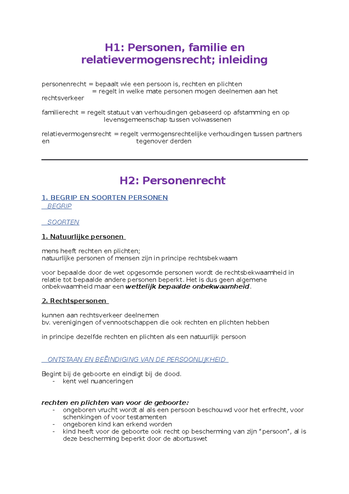 Personen En Familierecht Samenvatting - H1: Personen, Familie En ...