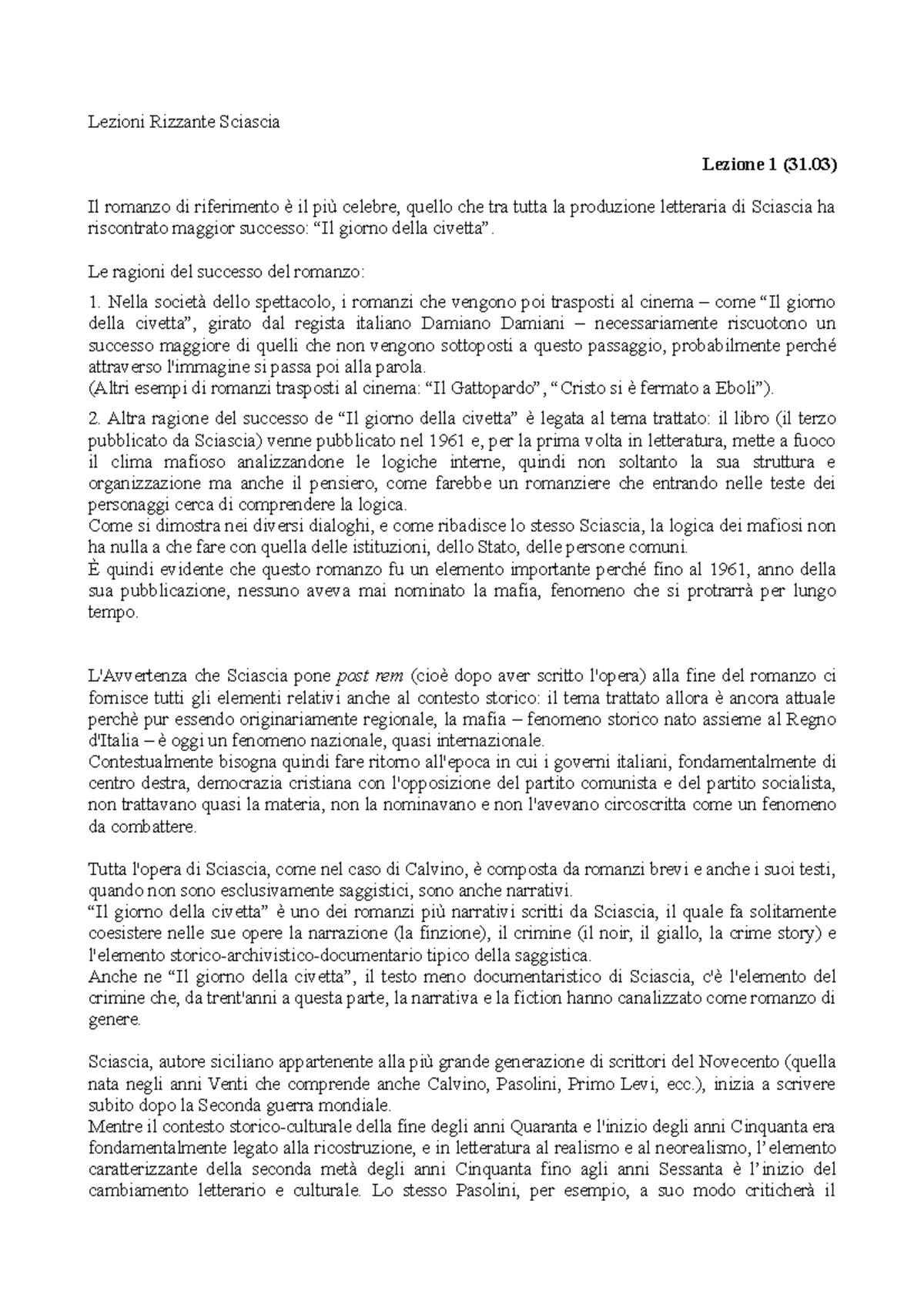 Lezioni Leonardo Sciascia - Lezioni Rizzante Sciascia Lezione 1 (31) Il ...