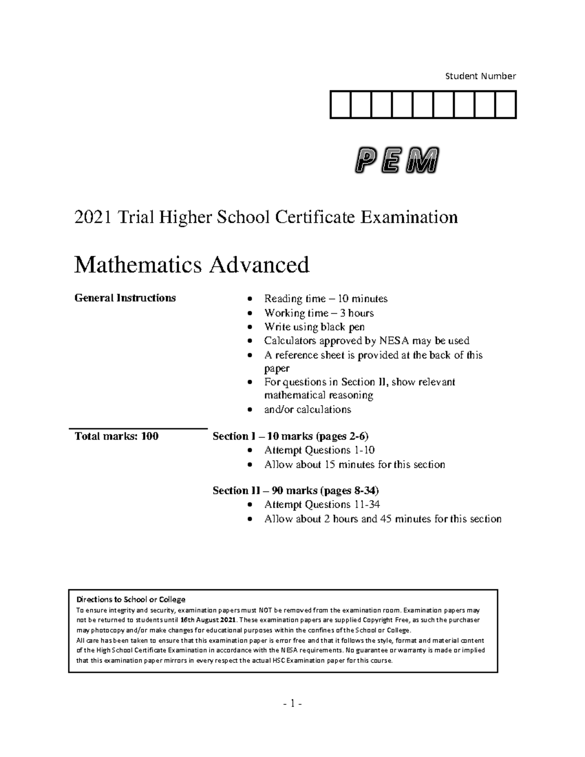 PEM 2021 ADV Questions - Mathematics ADV Practice Trial Paper - Student ...