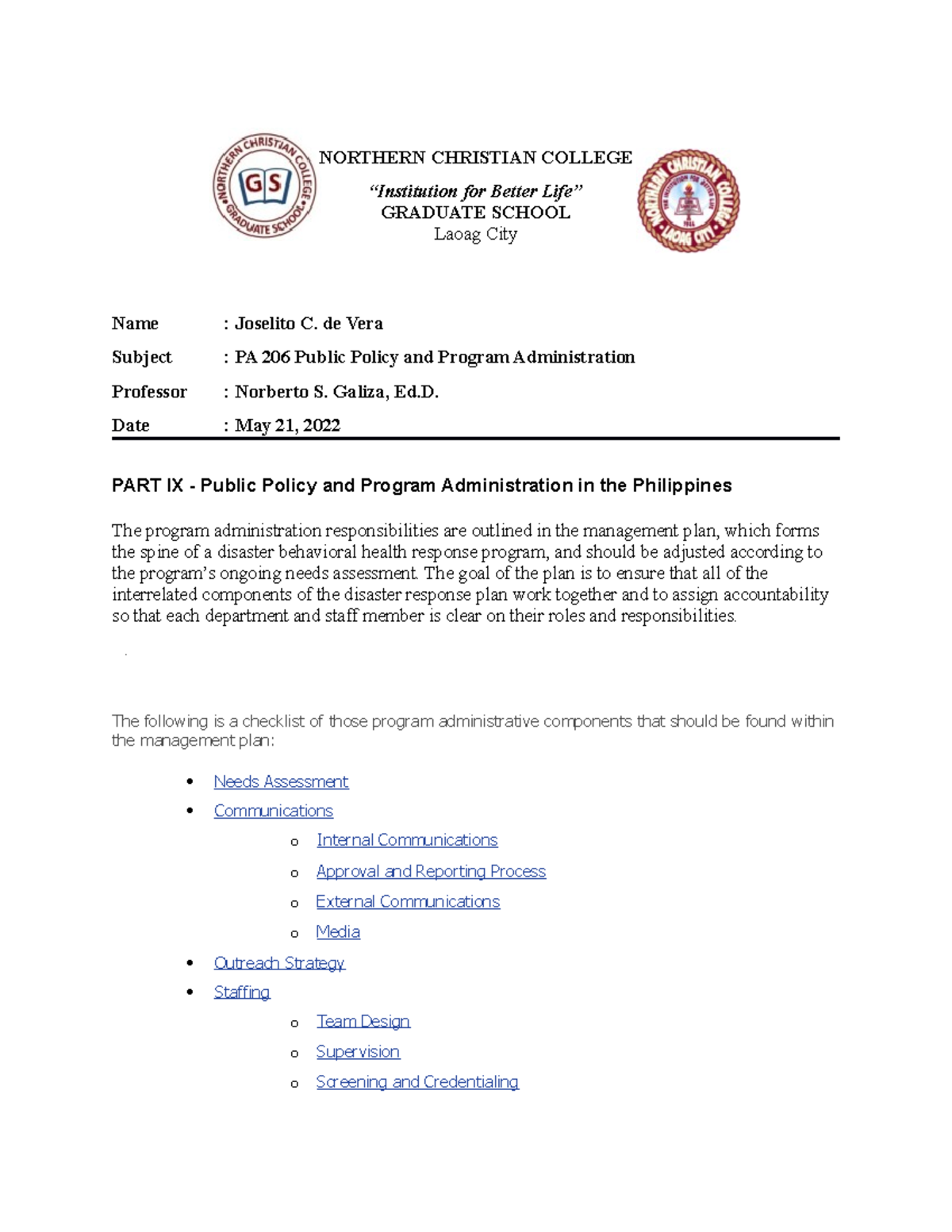 The program administration responsibilities are outlined in the ...