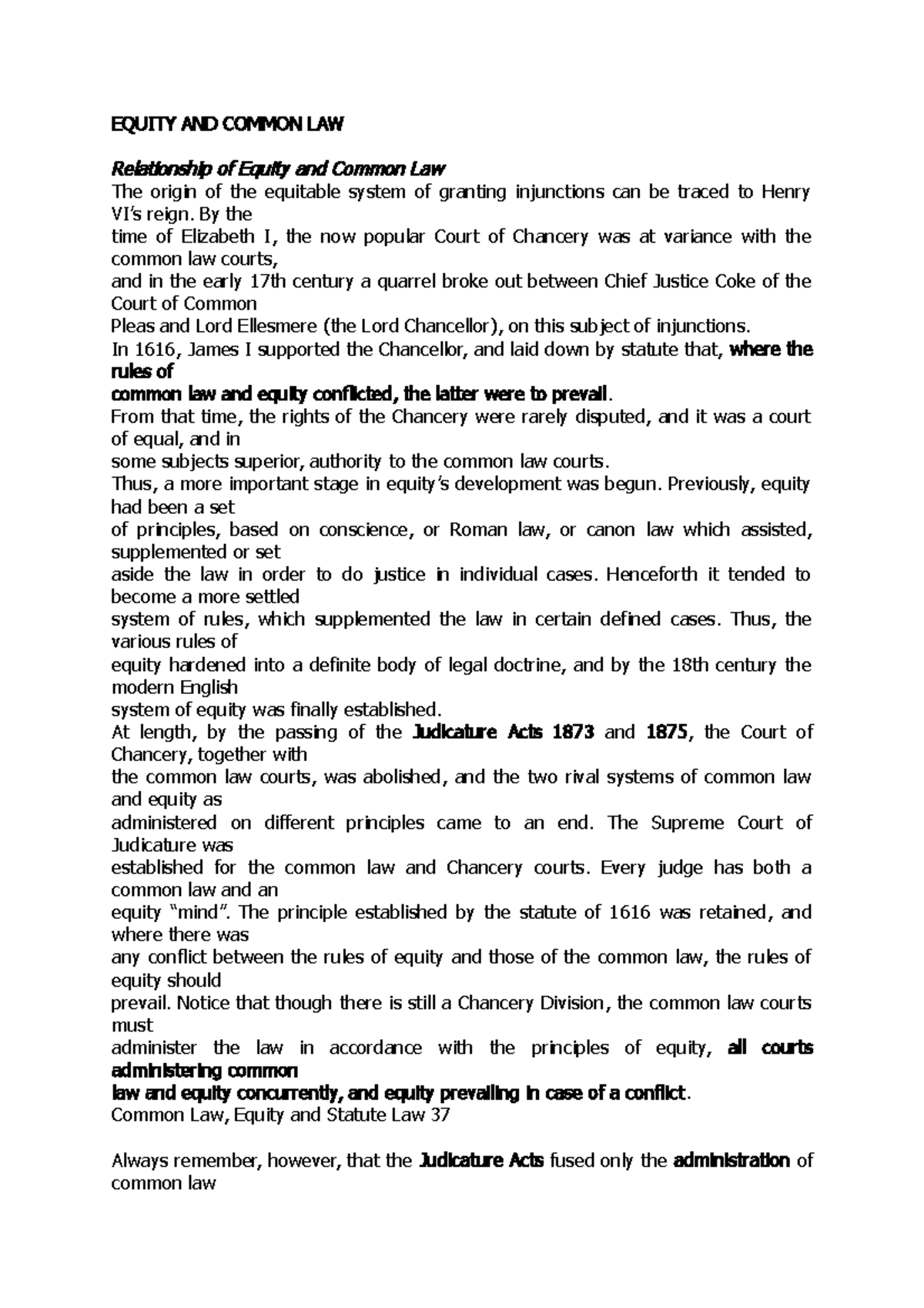 Principle of business law 2 - EQUITY AND COMMON LAW Relationship of ...