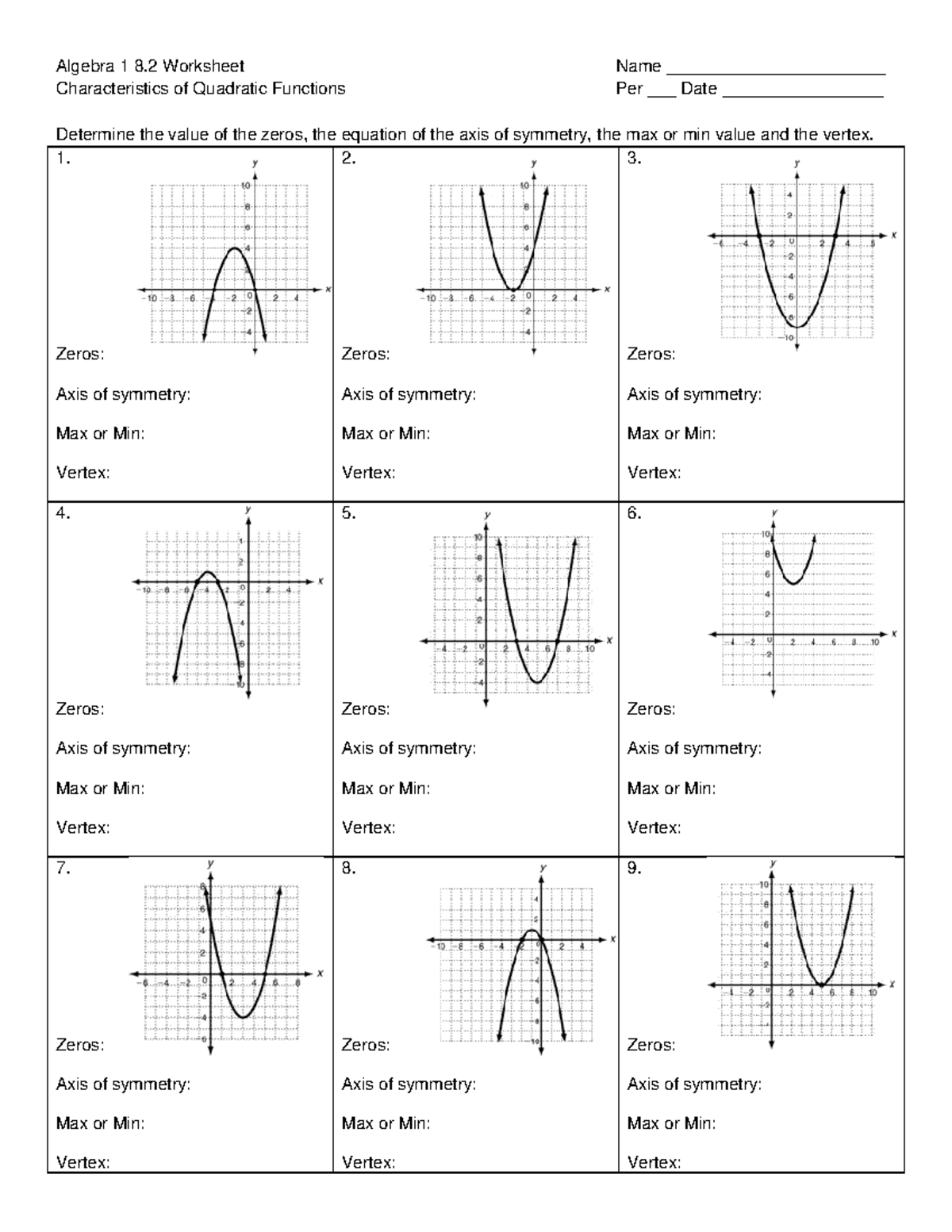 Zeros of quadratic functions using graphs - Algebra 1 8 Worksheet Name