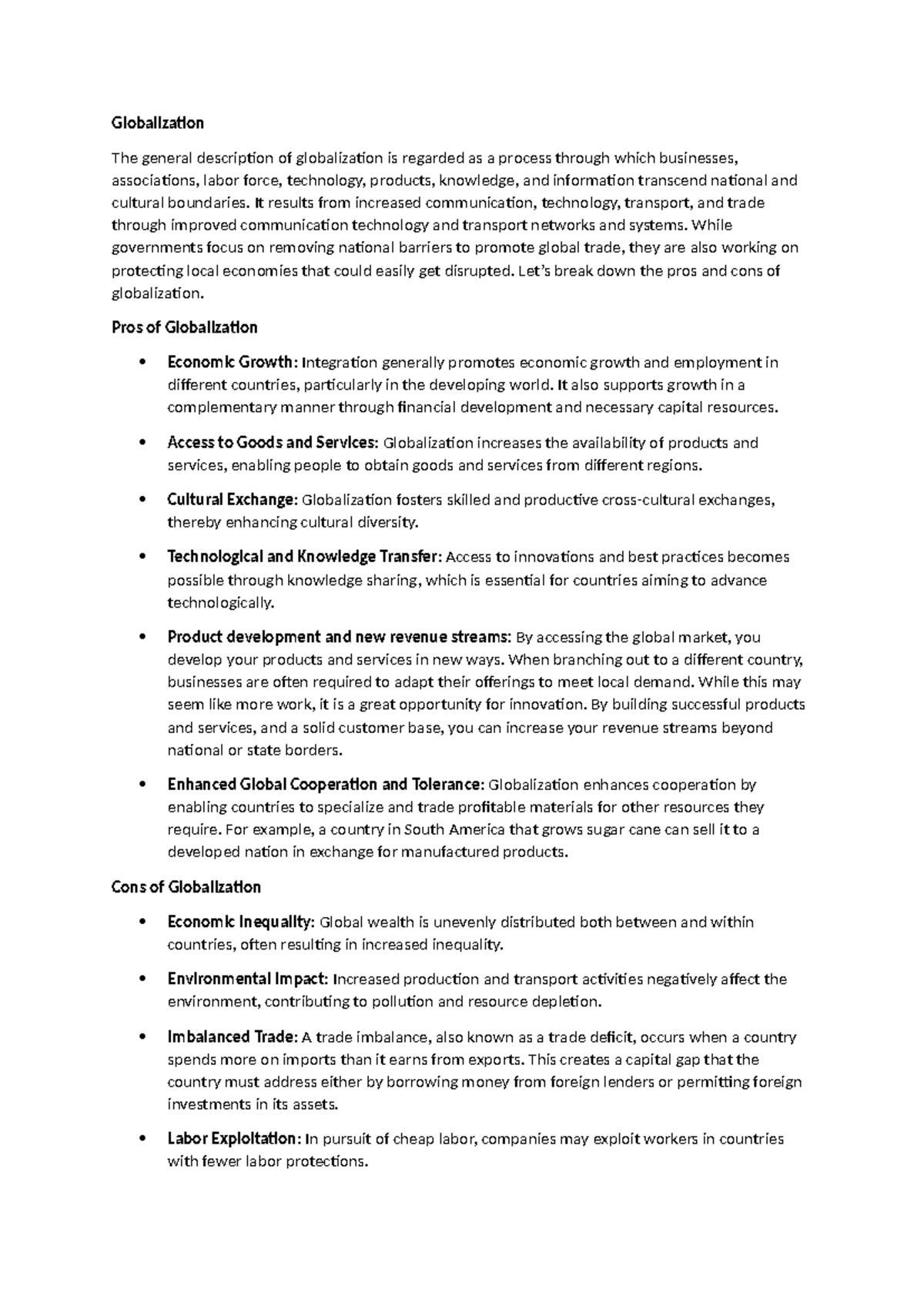 Globalization Essay - notes - Globalization The general description of ...