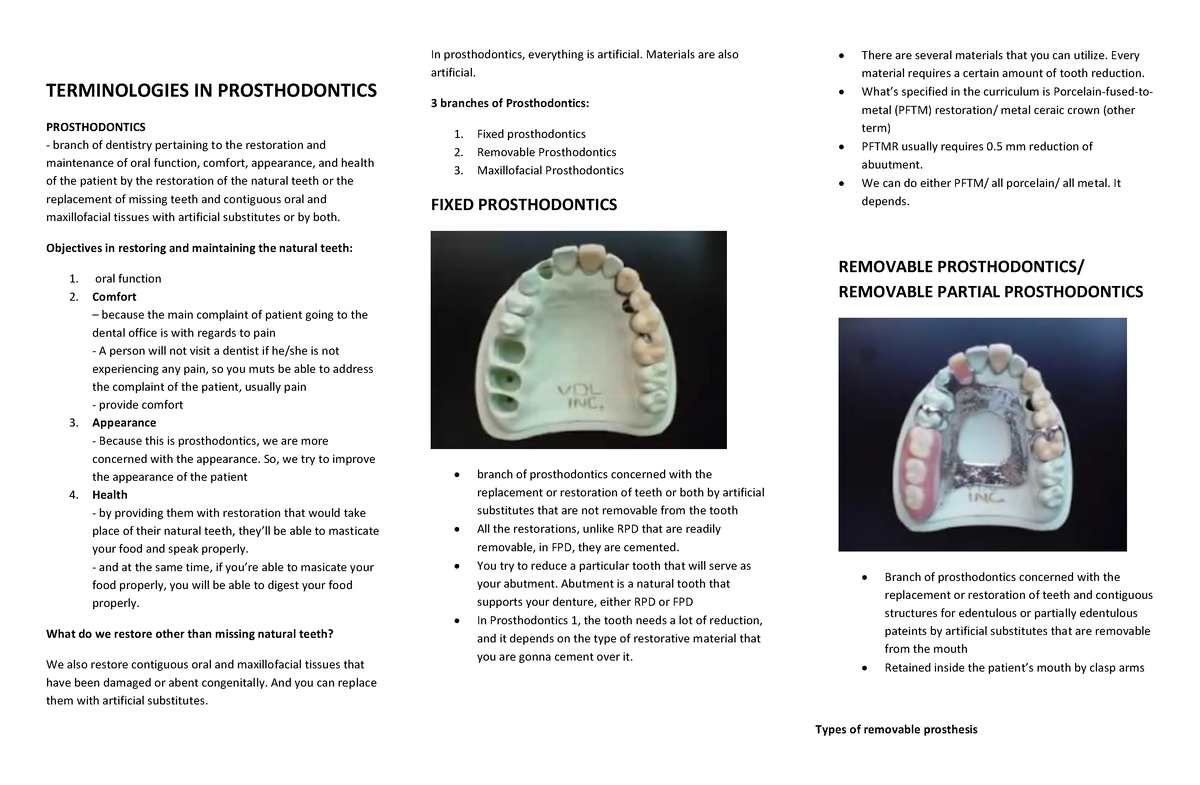 Prostho Notes RPD .. TERMINOLOGIES IN PROSTHODONTICS PROSTHODONTICS branch of dentistry