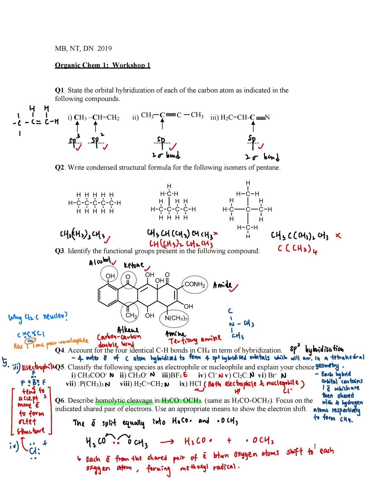 Org Chem Workshop 1 Ans - 1 MB, NT, DN 2019 Organic Chem 1: Workshop 1 ...