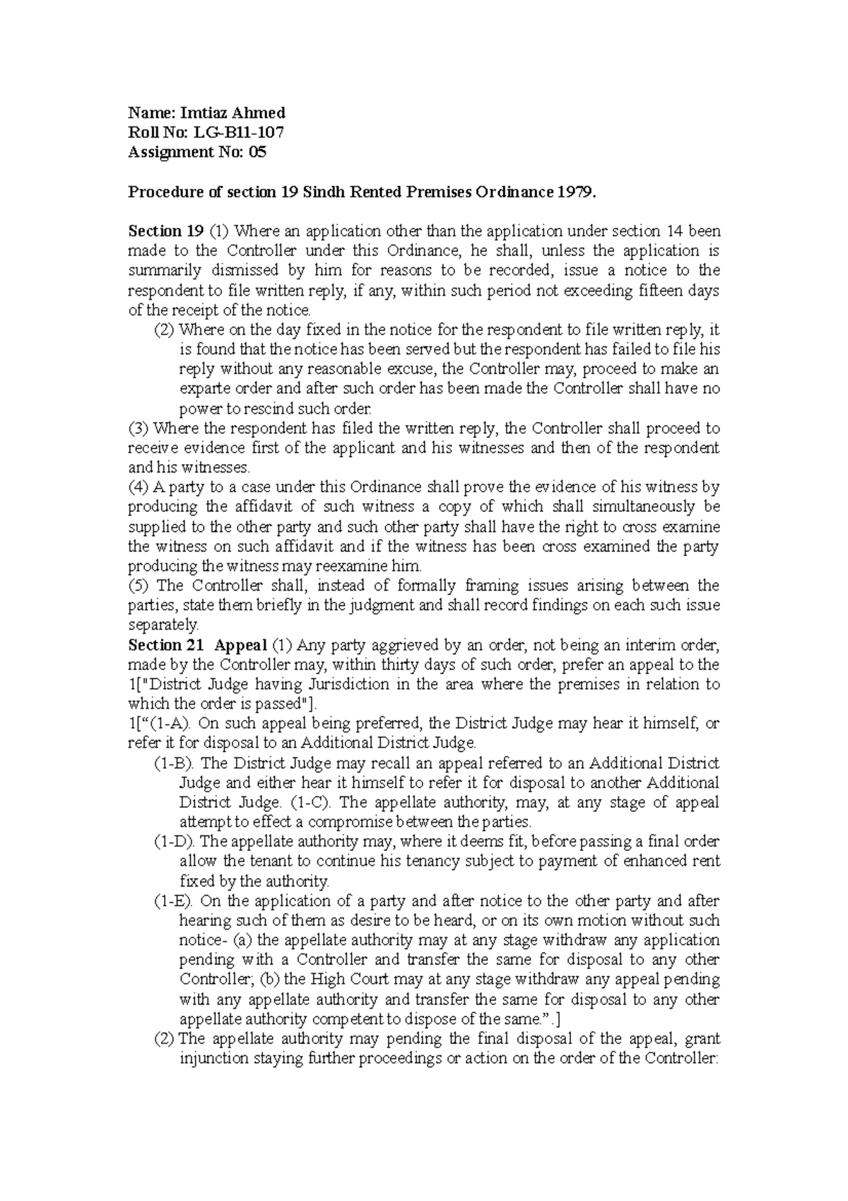 Procedure under section 19 SRPO 1979 - Name: Imtiaz Ahmed Roll No: LG ...