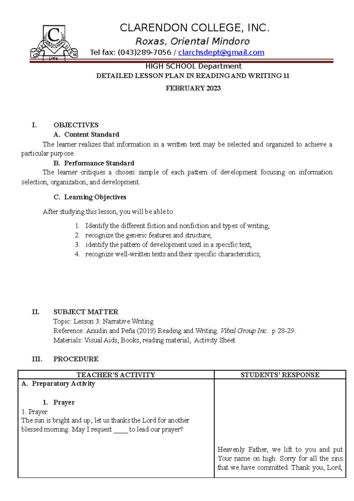 Narrative Writing DLP 3 - CLARENDON COLLEGE, INC. Roxas, Oriental ...