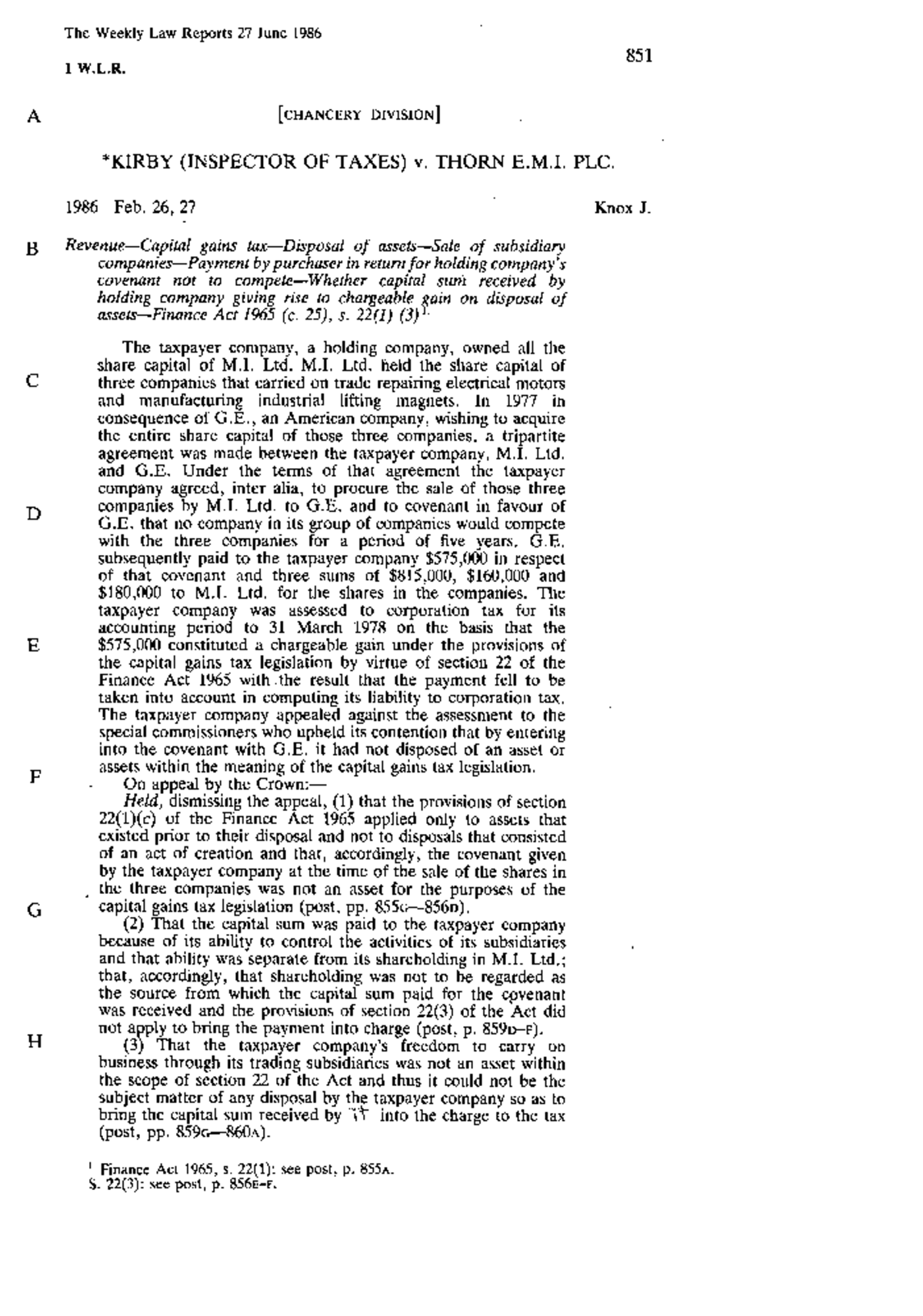 Kirby ( Inspector OF Taxes) v. Thorn E.M.I. PLC. [1986] 1 WLR 851 ...