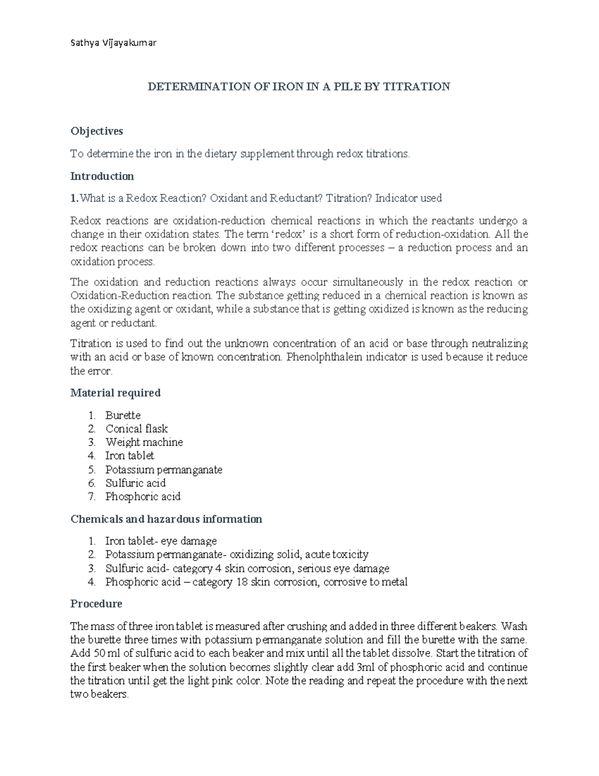 Iron titration DETERMINATION OF IRON IN A PILE BY TITRATION