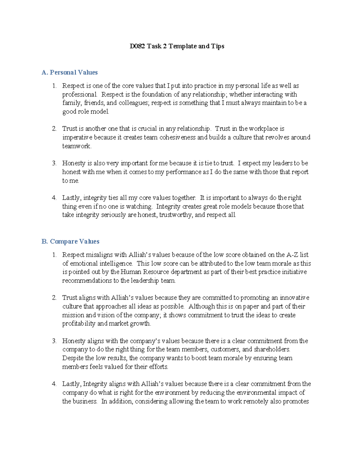 D082 Task 2 - PASS - D082 Task 2 Template and Tips A. Personal Values ...