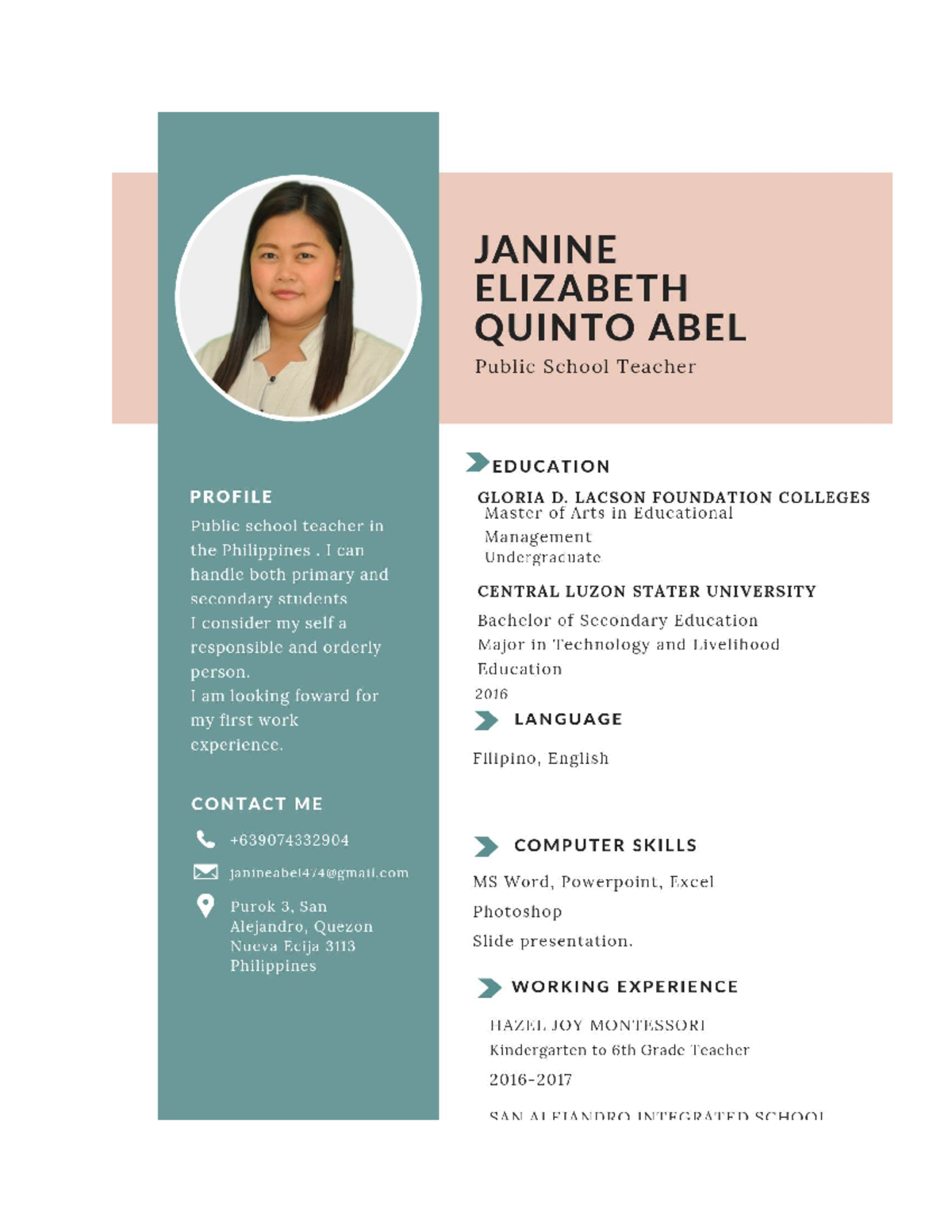 Resume Janine ABEL - SAMPLE WRITTEN OUTPUT - Bachelor of secondary ...