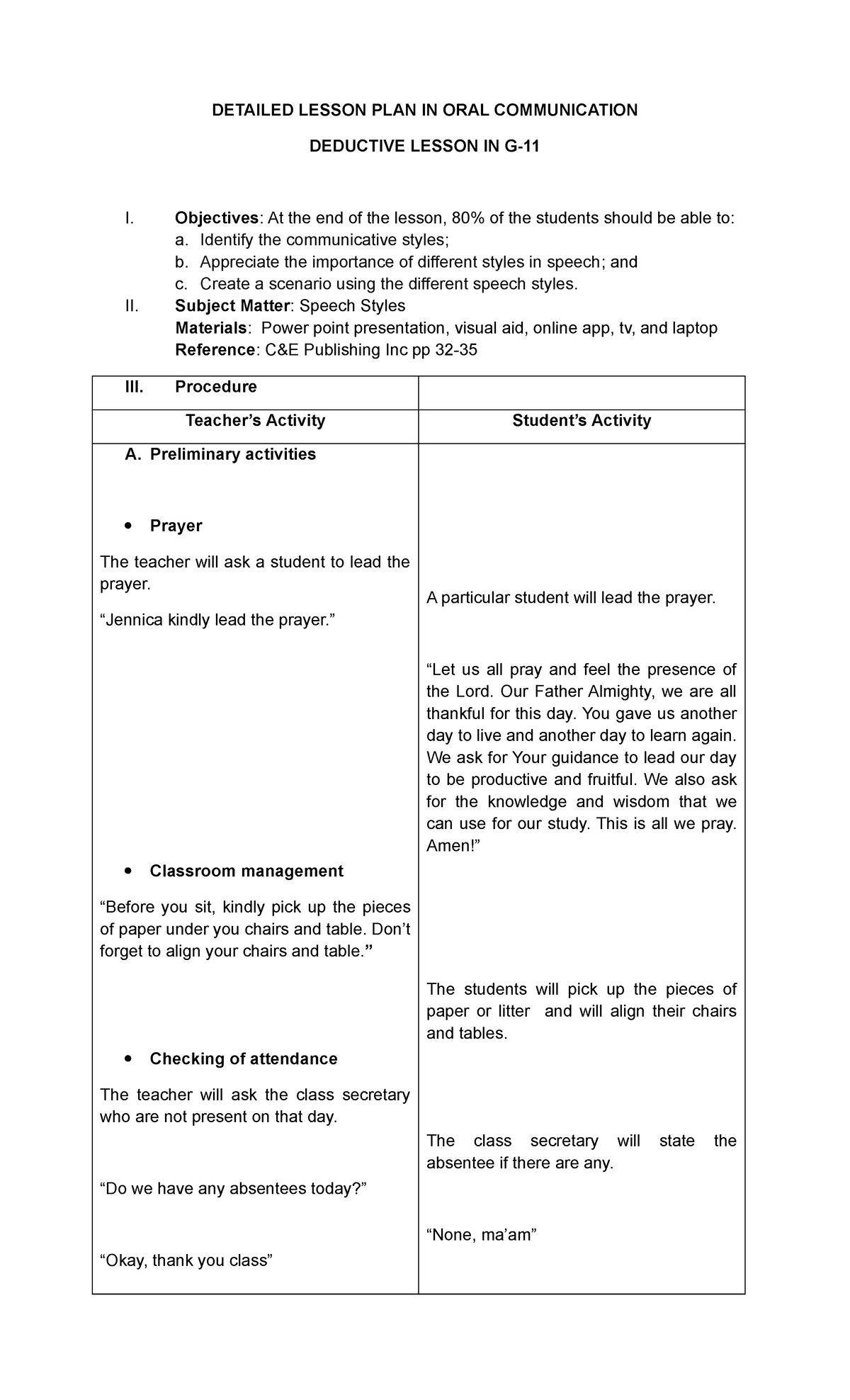 giving a speech lesson plan