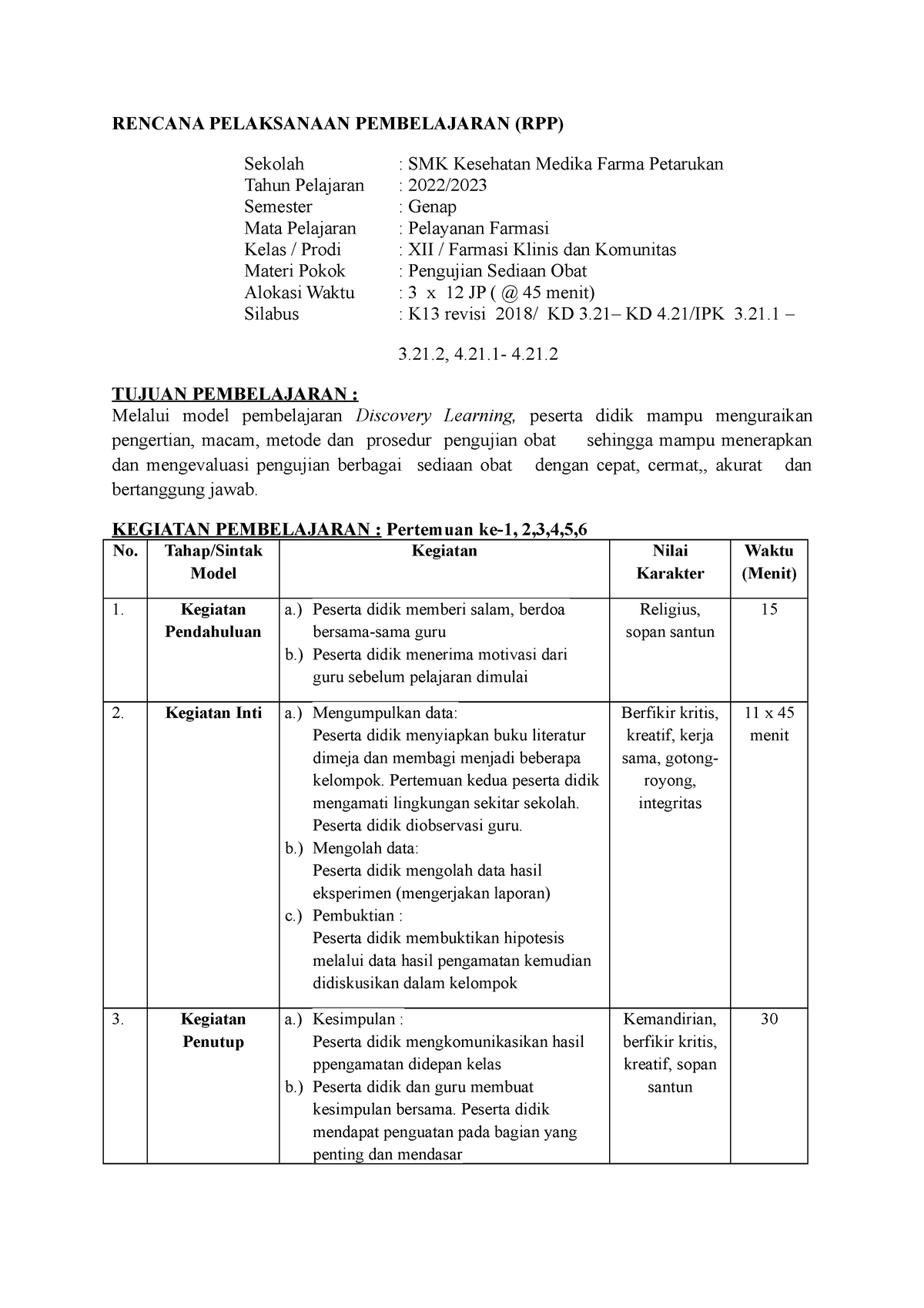 RPP Pelayanan Farmasi KD 3 - RENCANA PELAKSANAAN PEMBELAJARAN (RPP ...