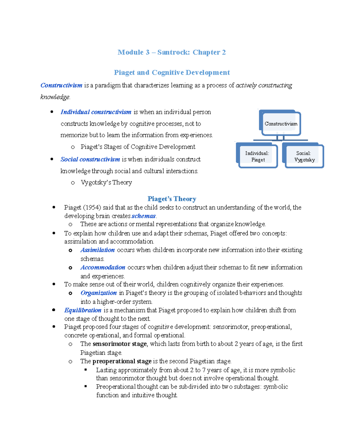 Piaget class notes 1 Liam Grant Module 3 Santrock Chapter 2