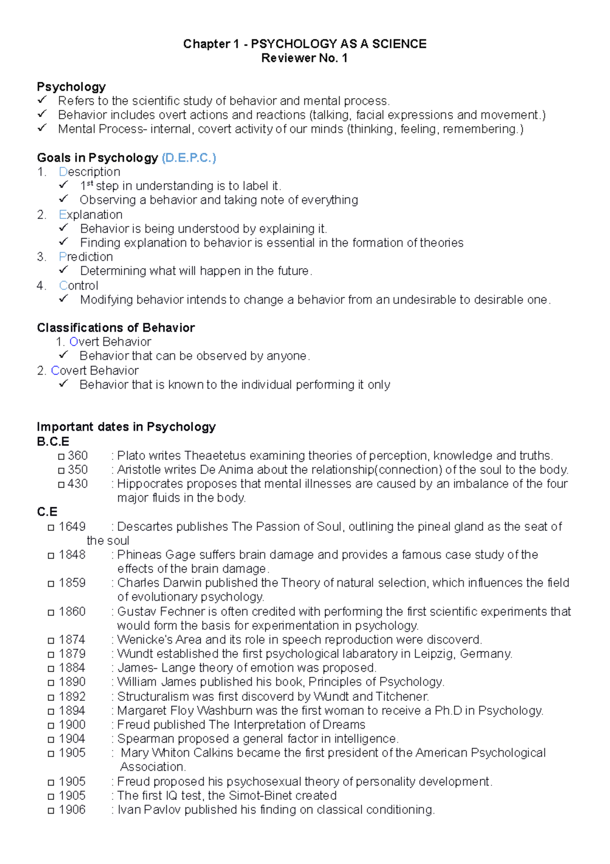 Study Notes on Introduction to Psychology as a Science - Chapter 1 ...