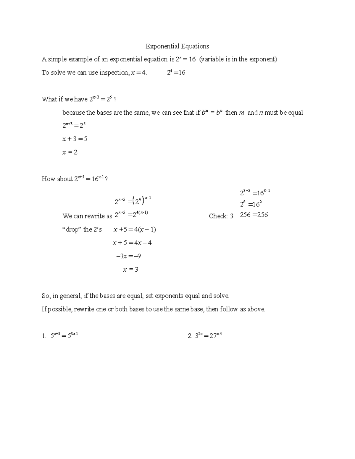 Exponential Equations - 24 = What if we have 2x+3 = 2 5? because the ...