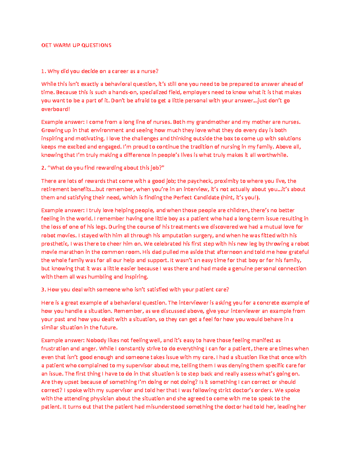 OET WARM UP Questions - OET WARM UP QUESTIONS Why did you decide on a ...