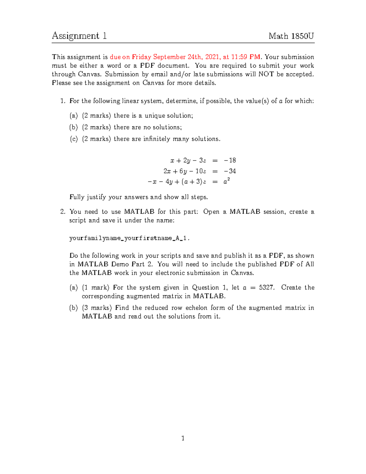 1850 assignment 1 2021 - Assignment 1 Math 1850U This assignment isdue ...