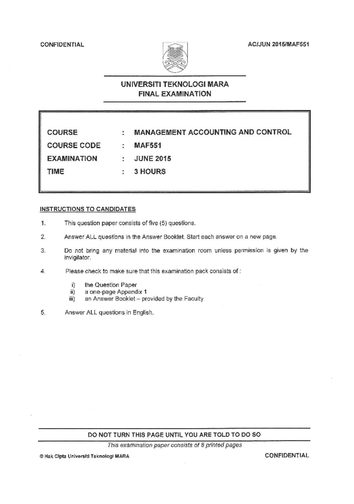 MAF551 TEST JUNE 2015 QUESTION PAPER - Management Accounting - Studocu