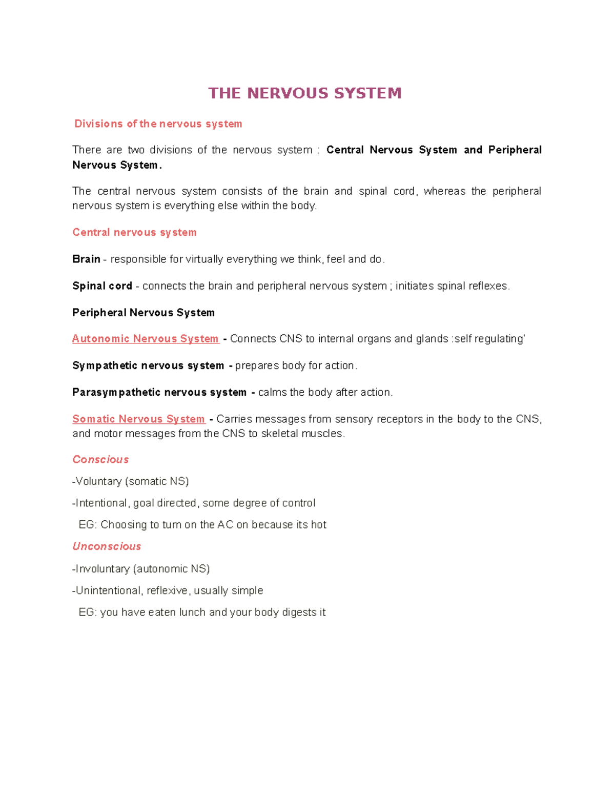 Psychology SAC 1 - pysch notes for sac 1 - THE NERVOUS SYSTEM Divisions ...