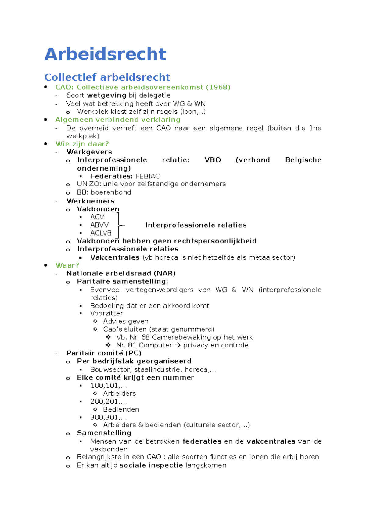 Arbeidsrecht - Samenvatting - Arbeidsrecht Collectief Arbeidsrecht CAO ...