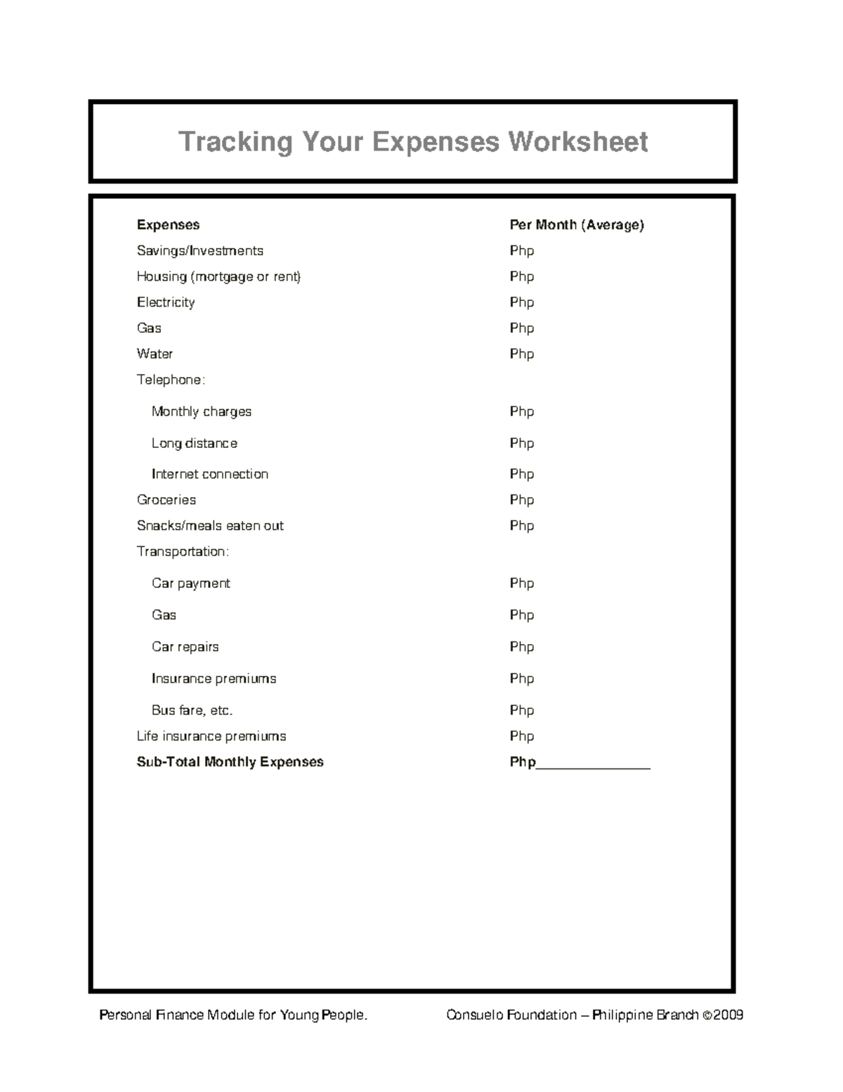 Tracking Your Expenses Worksheet - Personal Finance Module for Young ...