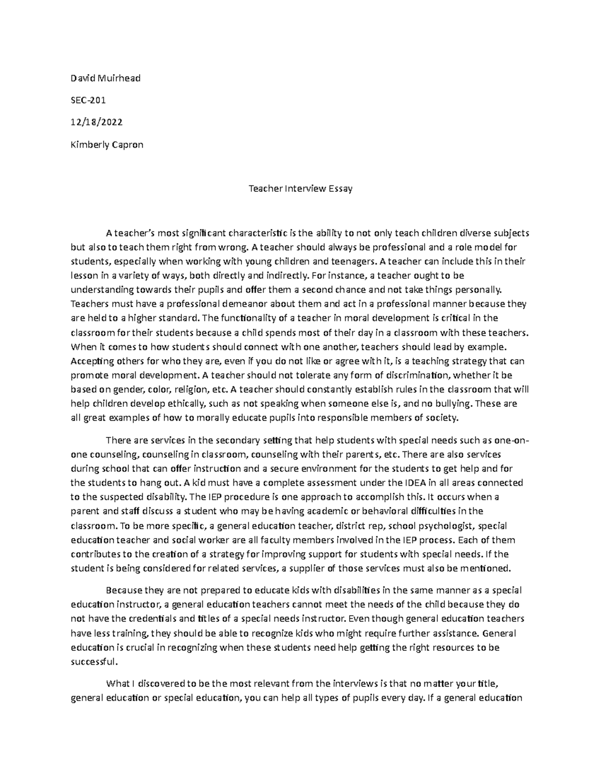 teacher interview essay example