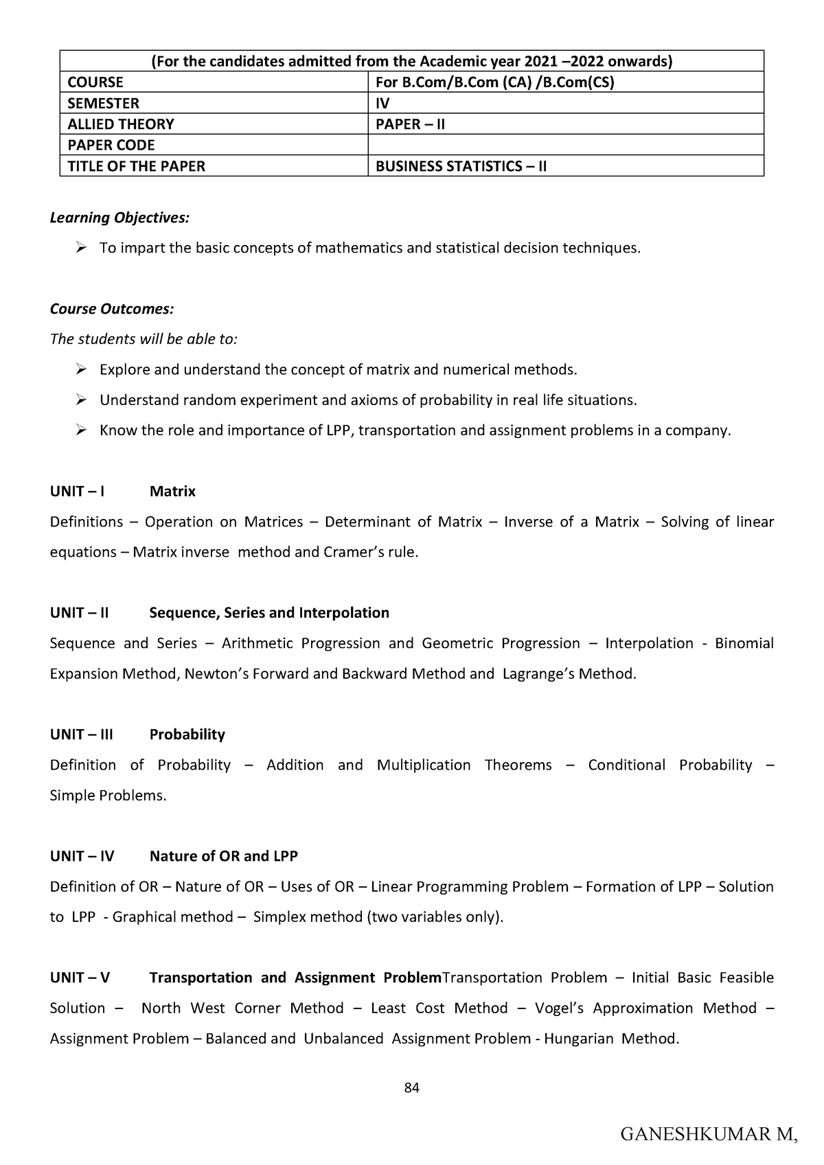 B.COM Statistics Notes IV SEM - 84 (For the candidates admitted from ...