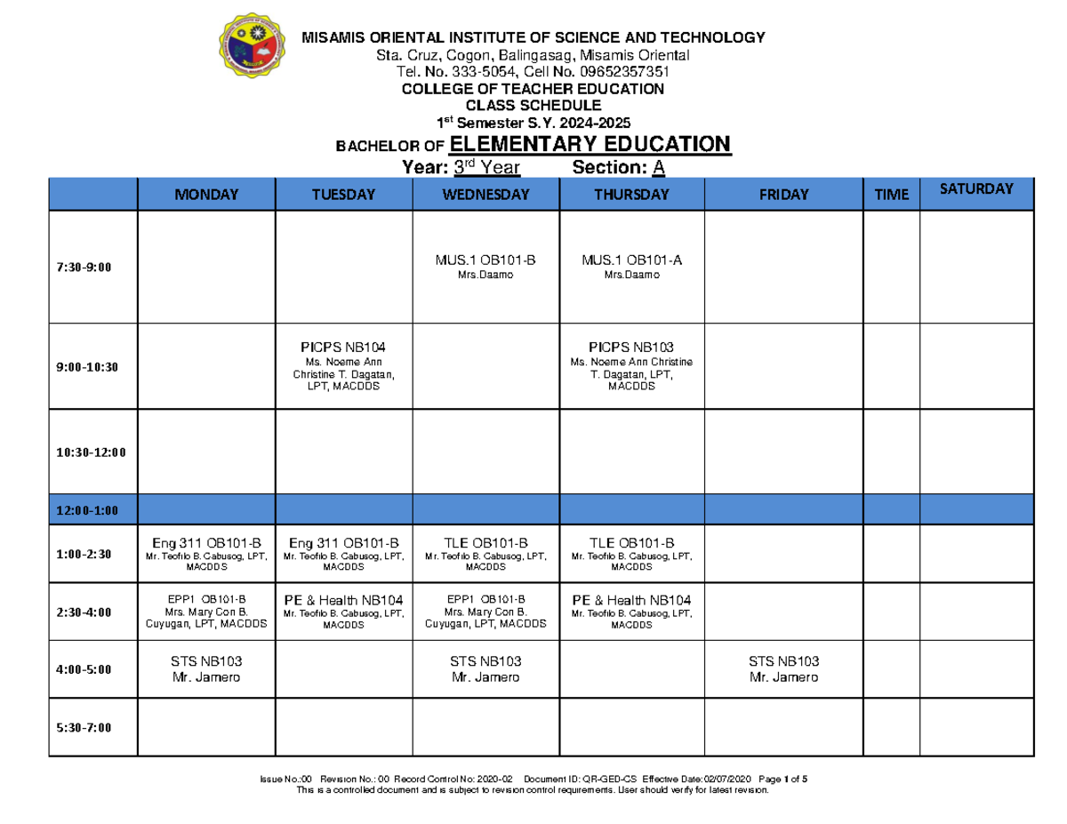 3rd YEAR Class Schedule 1ST SEM 2024 2025 Sta. Cruz, Cogon