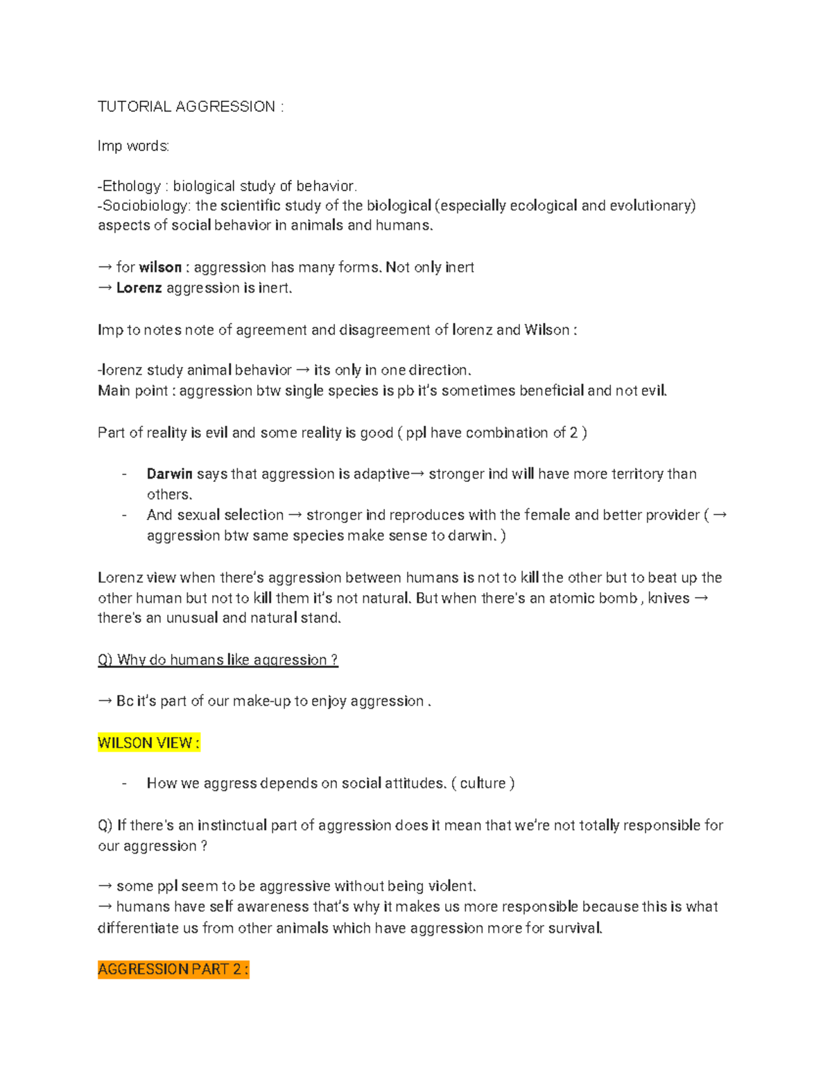 Aggression hps110H - Some notes during tutorials and questions to think ...