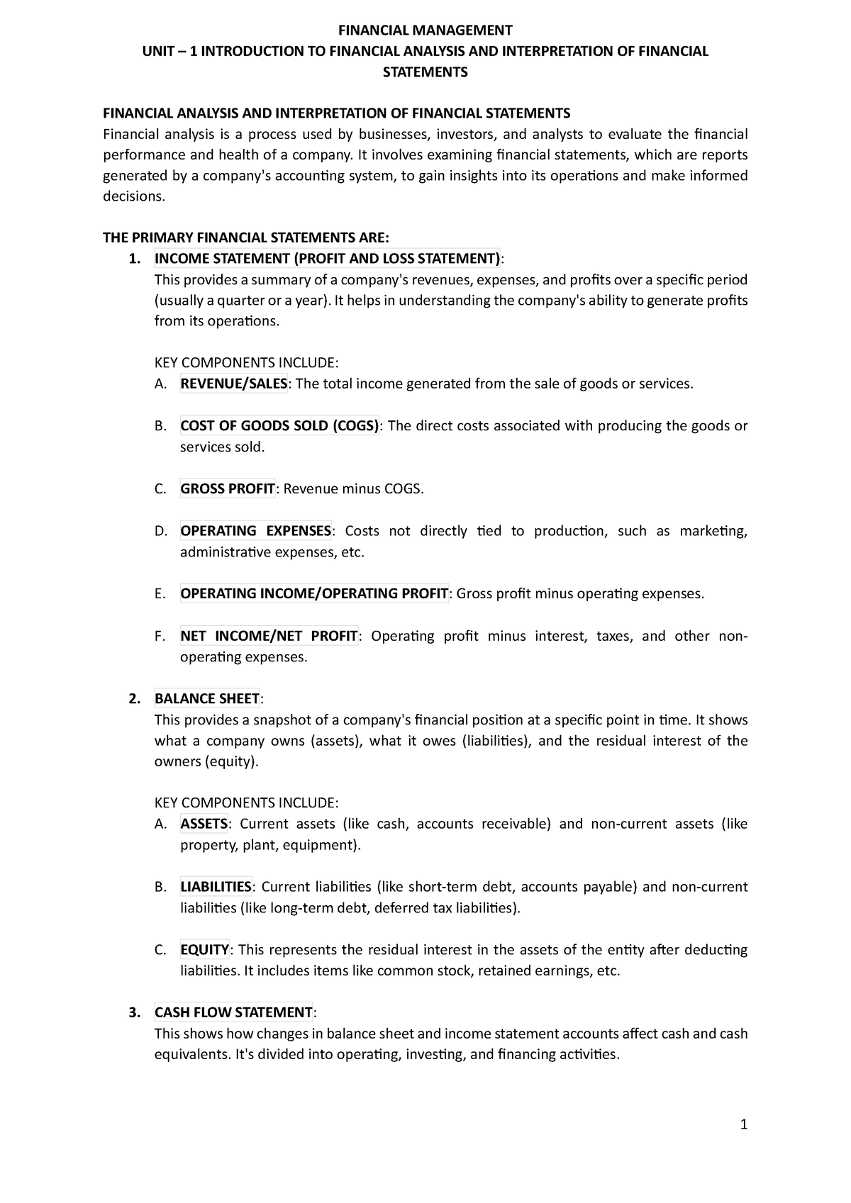 Financial Management - 1 - FINANCIAL MANAGEMENT UNIT – 1 INTRODUCTION ...