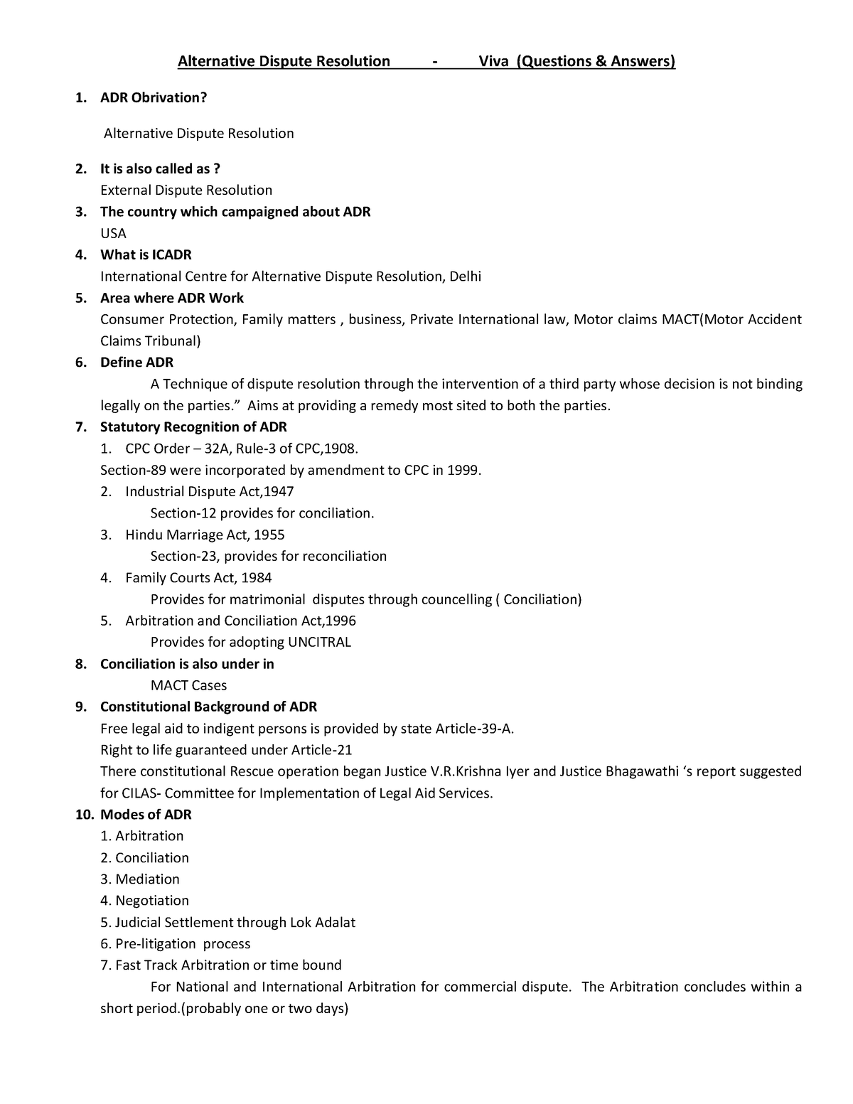 ADR Viva Questions and Answers - Alternative Dispute Resolution - Viva ...