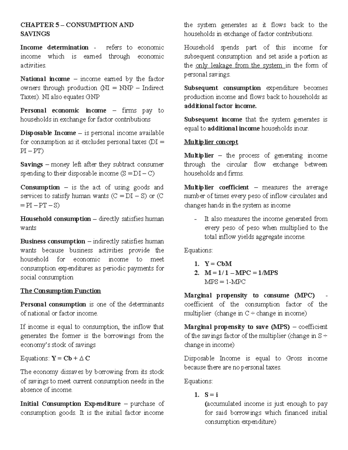 Econ-semis-notes - serves as notes - CHAPTER 5 – CONSUMPTION AND ...