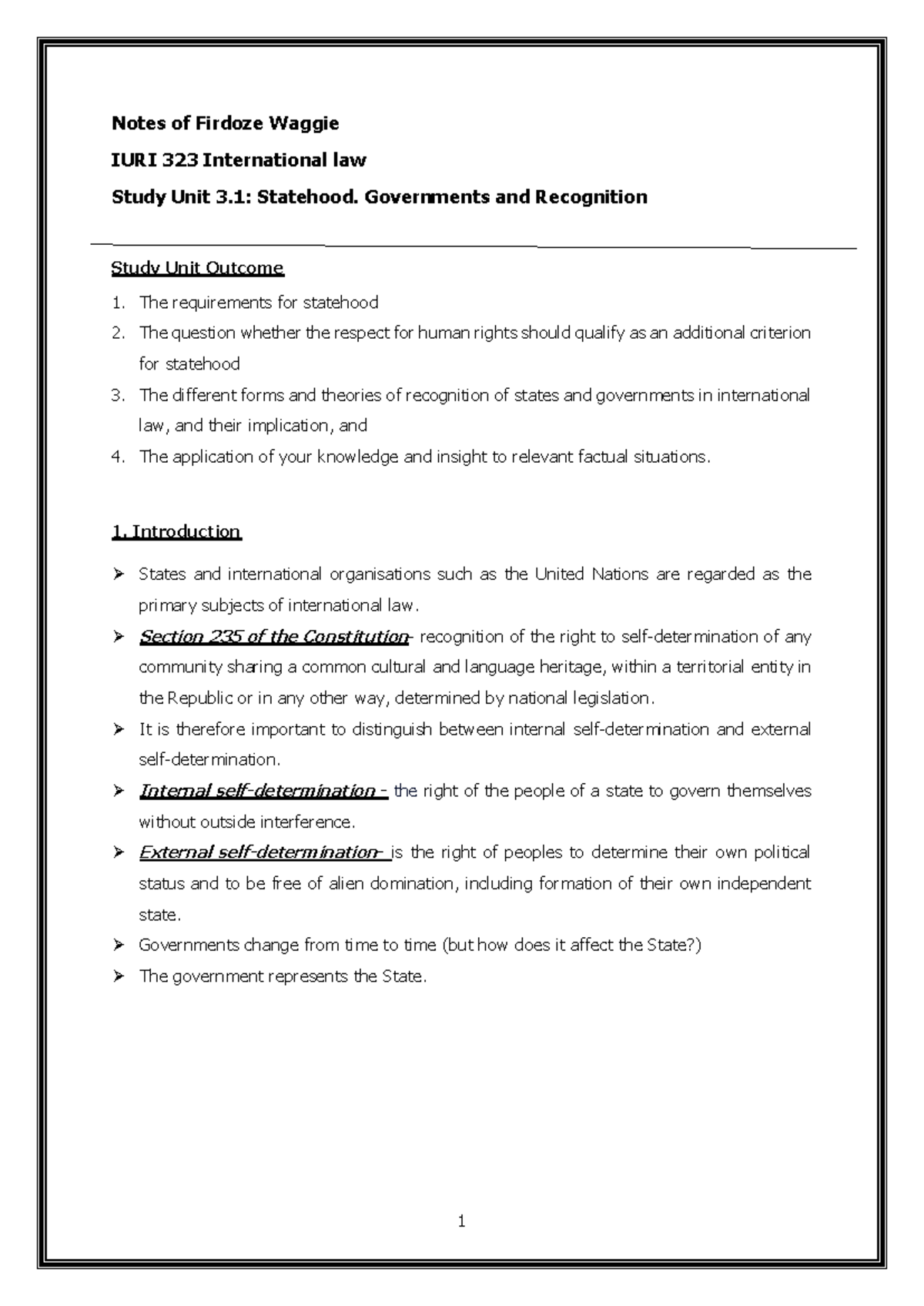 SU 3.1 International LAW - Notes of Firdoze Waggie IURI 323 ...