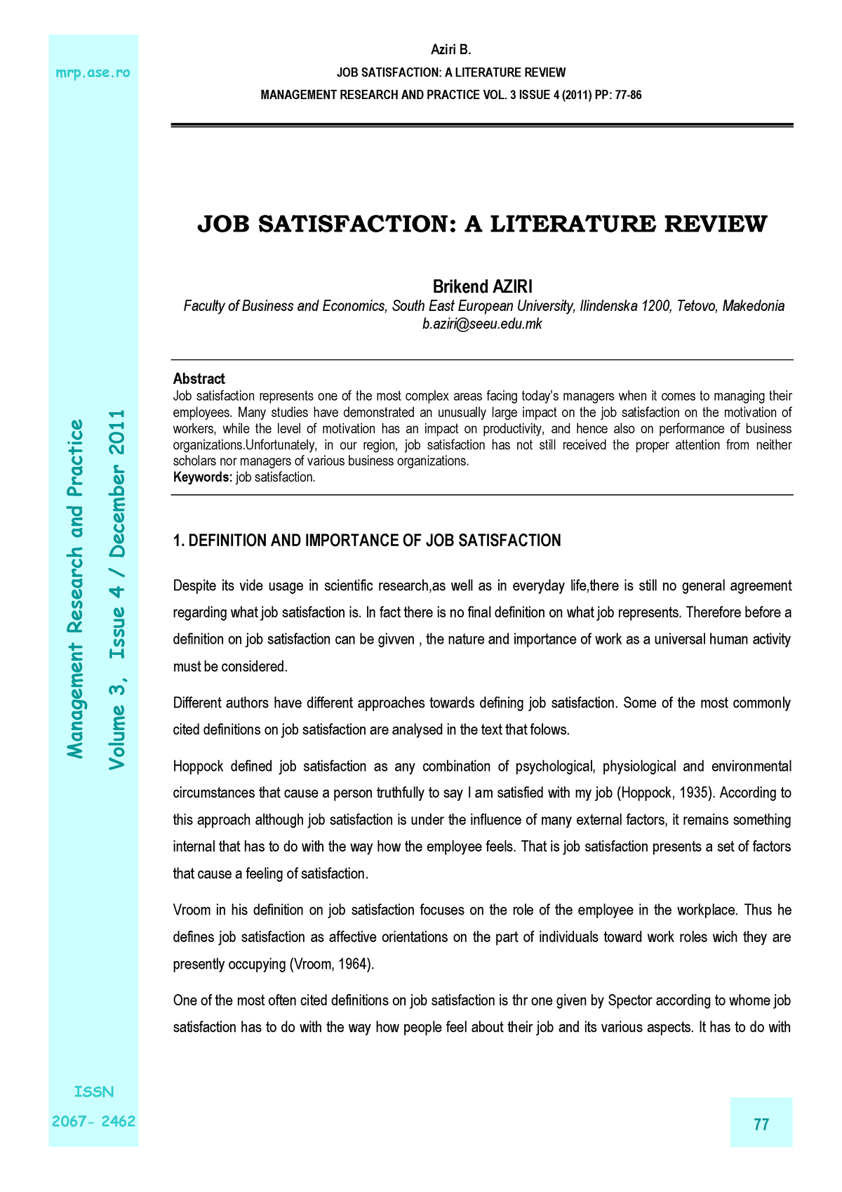 aziri b (2011) job satisfaction a literature review